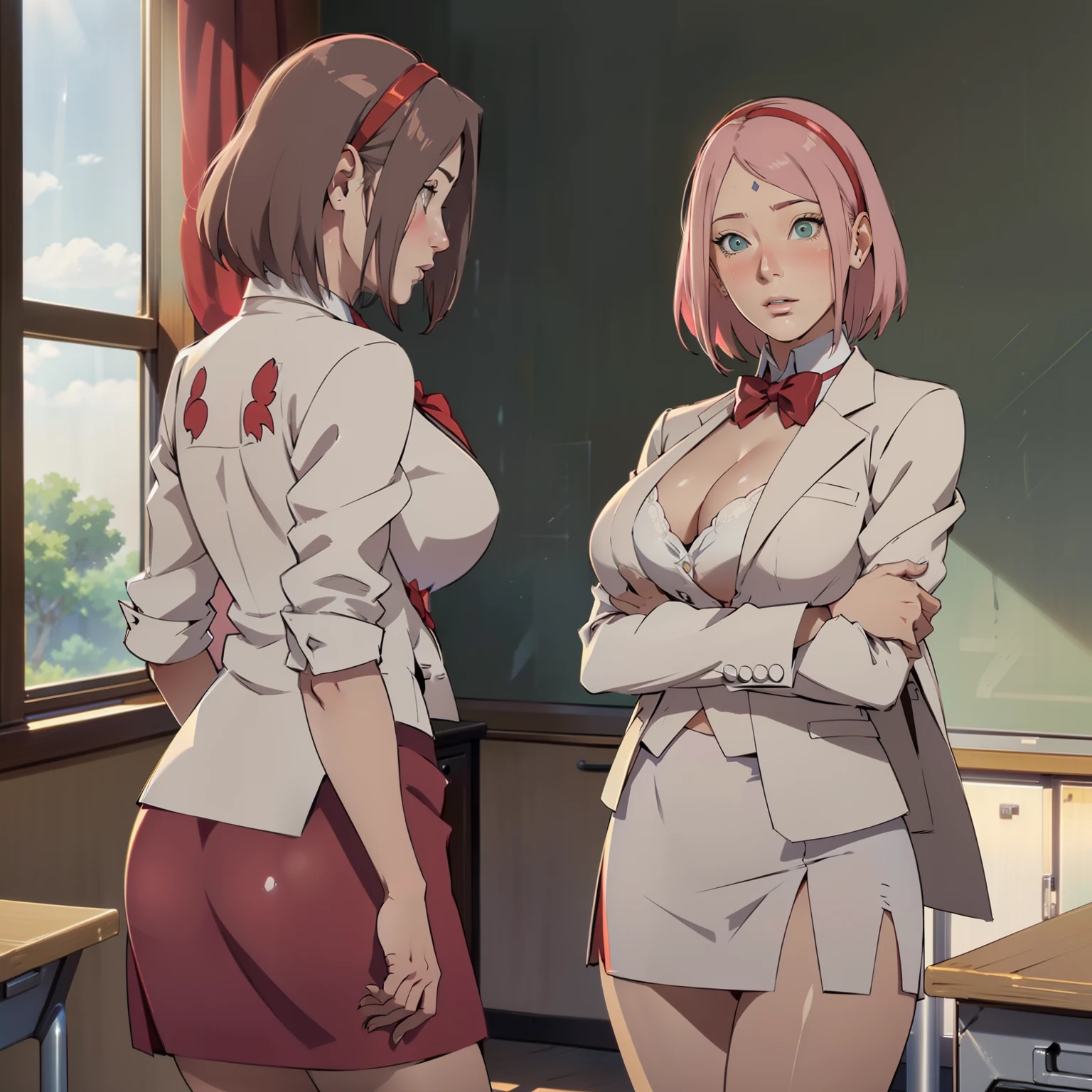 Mother(36 years old、Red hair、tall、Big Breasts)and daughter(12 years old、Black Hair、Flat Chest、low length)lined up、Angry expression、Glare、Pubic hair is visible、classroom、whole body、Pee on yourself