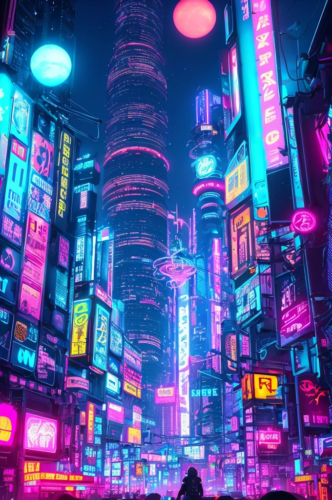 Cyberpunk-inspired immersion, A world of neon lights, Be mesmerized by the surreal spectacle of planets dominating the skies, Full of captivating digital artistry.