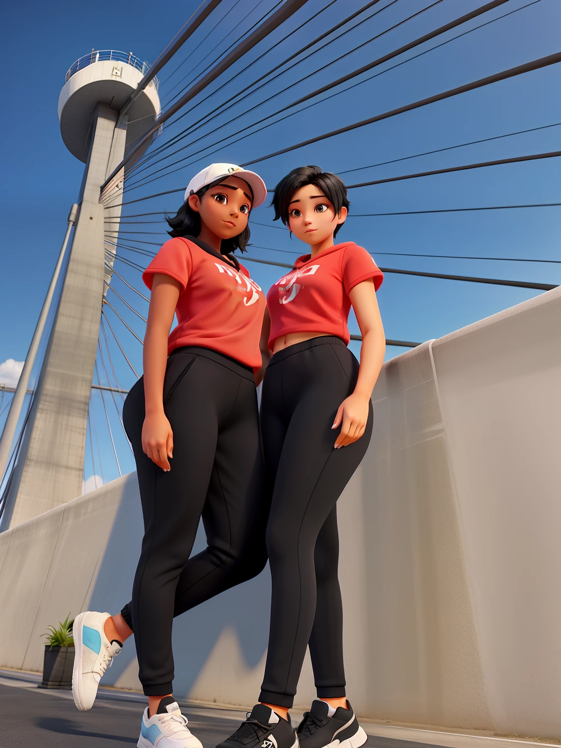 Beautiful women with black hair on a cable-stayed bridge in gym clothes sisters one has very short hair