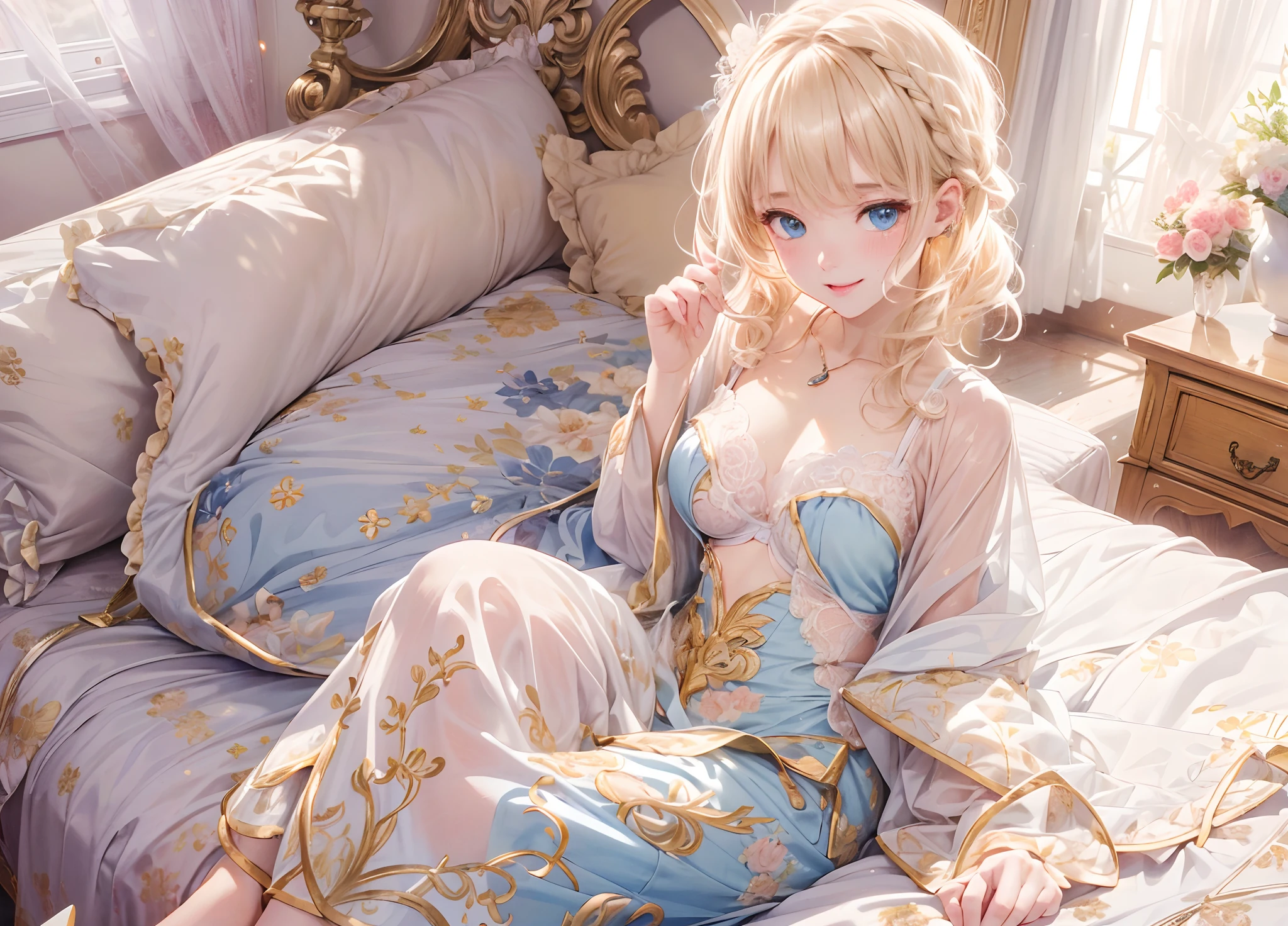 (​masterpiece),(top-quality:1.2),1girl in,(masuter piece:1.3),exquisitedetails, Highest quality 8K resolution, Ultra-detailed, Realistic, Vibrant colors, Soft tones, With warm and gentle lighting,Morning Bedroom、Sexy smile、Side view、put out the tongue、pink  bra、Fluffy pajamas、on the beds、Lying、slender white body、Bring your chest together、Colossal tits、Blushing、Small necklace,(short twin-tailed blonde hair:1.3),(Hair parted in the middle:1.3),(Glowing hair),(Dark blue eyes:1.3),White skin, hair clips,Overflowing soft and gentle feelings,The sun's rays illuminate joy and pure love, Warm golden glow,The atmosphere is full of happiness and laughter, As if celebrating love,Sticking to ultra-detailed depictions and vivid colors. In a style that blends romanticism and realism、You can feel the depth of love,color palettes,Create an ethereal atmosphere like a dream,and the lighting is soft and diffused, Shine a gentle light on your face,The artwork is a masterpiece