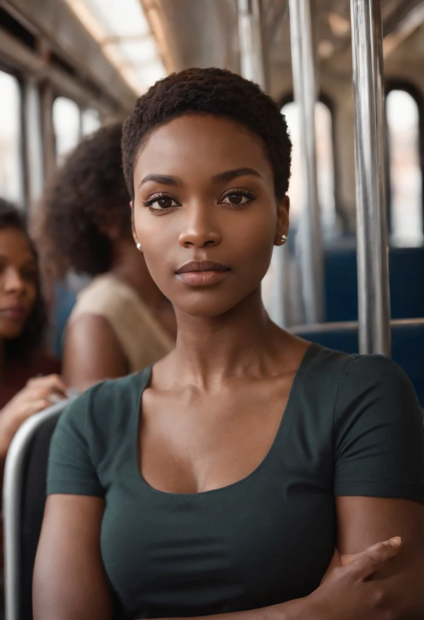 Envision a captivating scene on a crowded bus, with the focal point being a stunning short-haired African American woman. Zoom in on micro-details that emphasize her natural beauty, including the softness in her eyes, the warmth of her soft smile, and the unique features that make her appearance striking.
Capture the authenticity of her skin imperfections, showcasing the beauty in each individual mark and highlighting the diversity of real, unfiltered beauty. Emphasize the texture and details of her short hair, celebrating its natural form and the confidence it exudes.
Consider the lighting within the bus, whether it's the soft glow of natural light filtering through windows or the warm ambiance of artificial lighting. Showcase the woman in a moment of quiet reflection amid the crowded bus, allowing her to stand out as a beacon of genuine beauty in a busy environment.
This detailed prompt aims to inspire a visually compelling depiction of a gorgeous short-haired African American woman on a crowded bus, focusing on micro-details that celebrate her natural features and individuality.