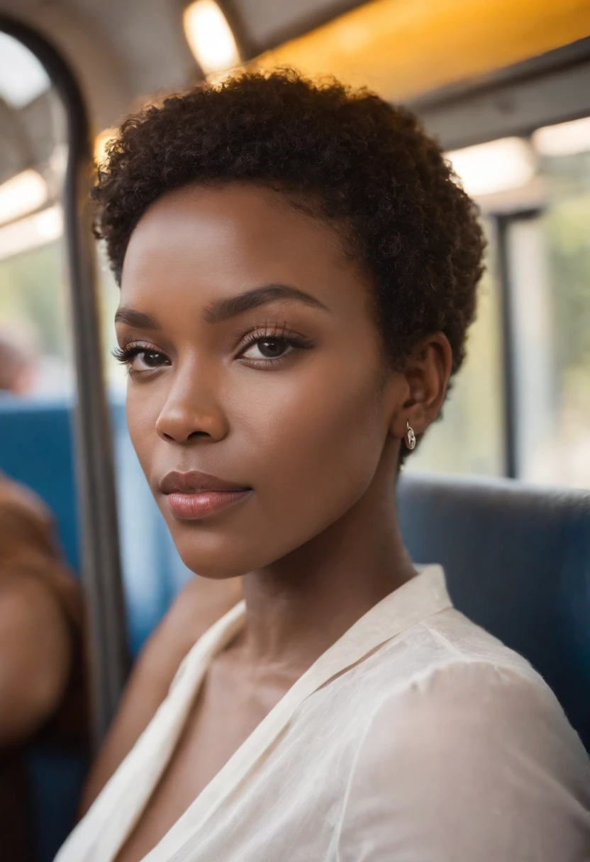 Envision a captivating scene on a crowded bus, with the focal point being a stunning short-haired African American woman. Zoom in on micro-details that emphasize her natural beauty, including the softness in her eyes, the warmth of her soft smile, and the unique features that make her appearance striking.
Capture the authenticity of her skin imperfections, showcasing the beauty in each individual mark and highlighting the diversity of real, unfiltered beauty. Emphasize the texture and details of her short hair, celebrating its natural form and the confidence it exudes.
Consider the lighting within the bus, whether it's the soft glow of natural light filtering through windows or the warm ambiance of artificial lighting. Showcase the woman in a moment of quiet reflection amid the crowded bus, allowing her to stand out as a beacon of genuine beauty in a busy environment.
This detailed prompt aims to inspire a visually compelling depiction of a gorgeous short-haired African American woman on a crowded bus, focusing on micro-details that celebrate her natural features and individuality.
