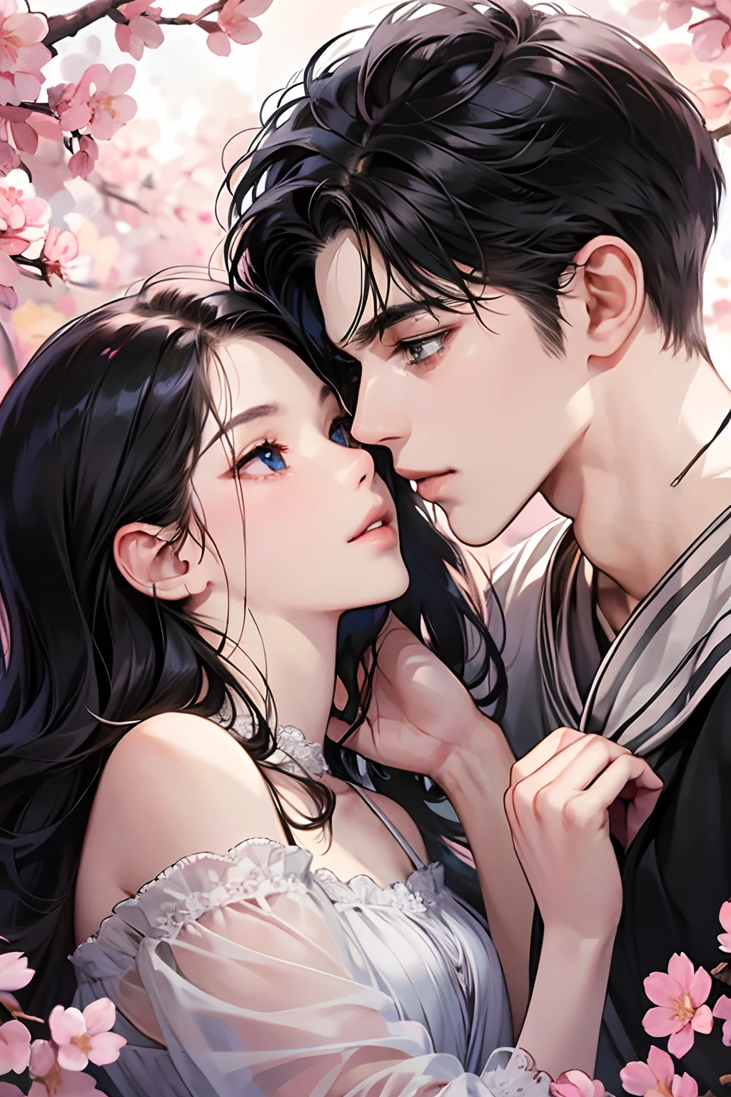 (masutepiece, Digital Art, Digital Illustration, 4K, 8K, Ultra-detailed, beautiful image, Sharp Image, Photorealistic, Raw photo, Perfect face, Perfect lines, Perfect eyes, Soft lighting) , a couple, 1 girl 1 boy, Long black hair and blue eyes, Short black hair and gray eyes, Romance, Lie on the ground, See the cherry blossoms、the kiss、Kissing、Lips touch、a couple、couple kissing