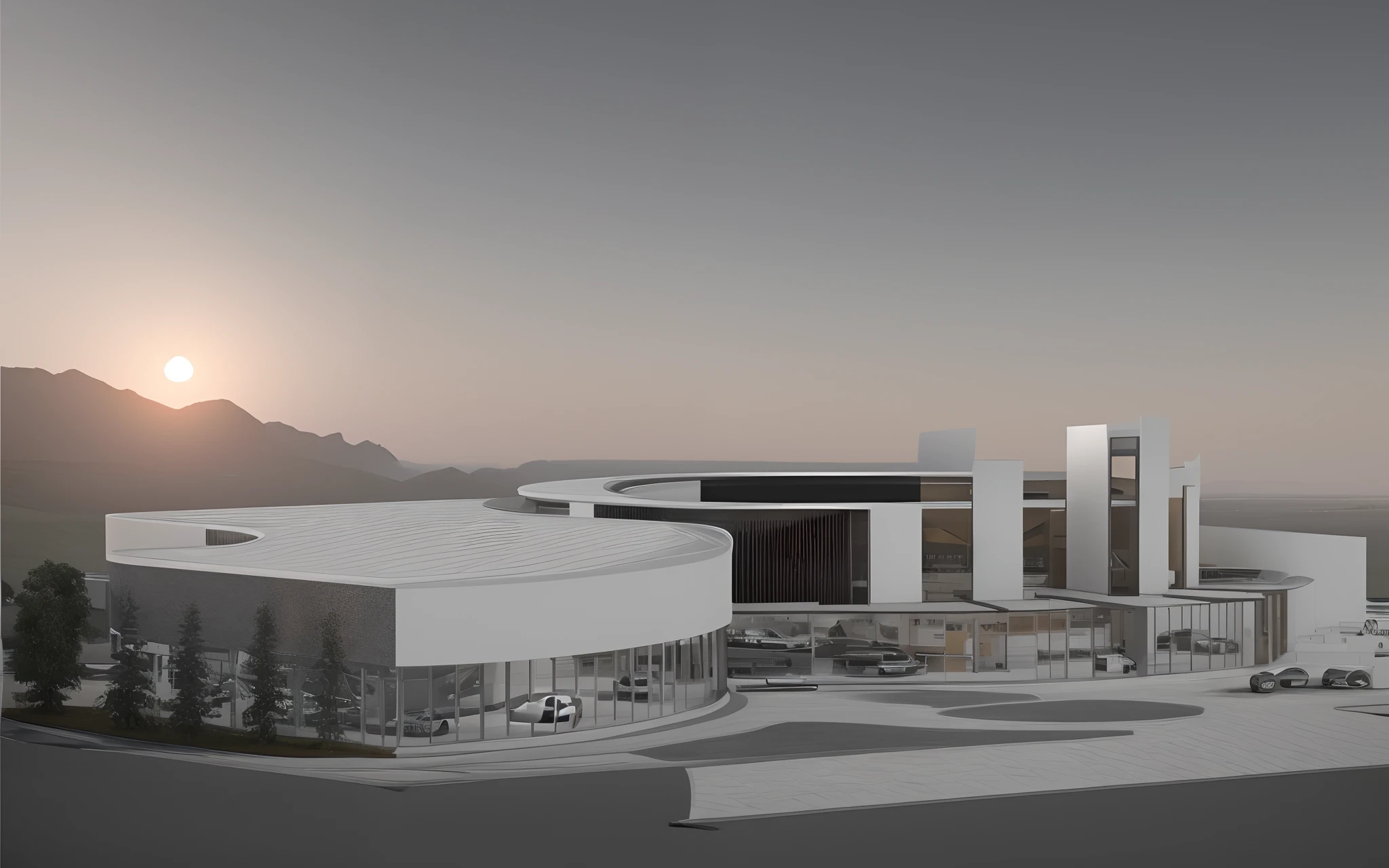 A Dof rendering of modern car showroom in the sunrise, ground glasses wall, nutural stone, impressive roof, 3Dsmax, beautiful, high quality, ambient light, golden and black and white scheme