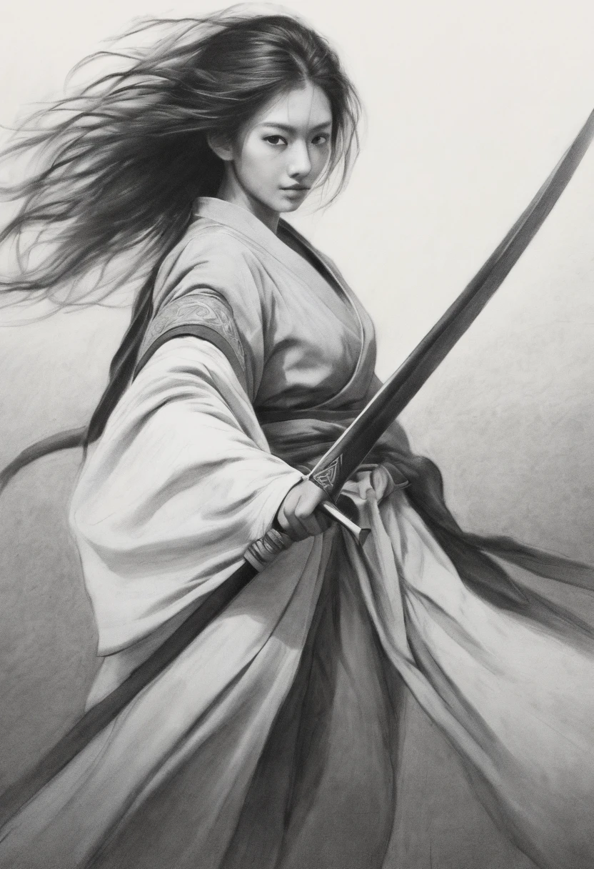 Girl,swordsmen,Ancient wind,Black and white,(character sketch:1.1),(charcoal drawing:1.2),Sketch,(pencil drawing:1.3)