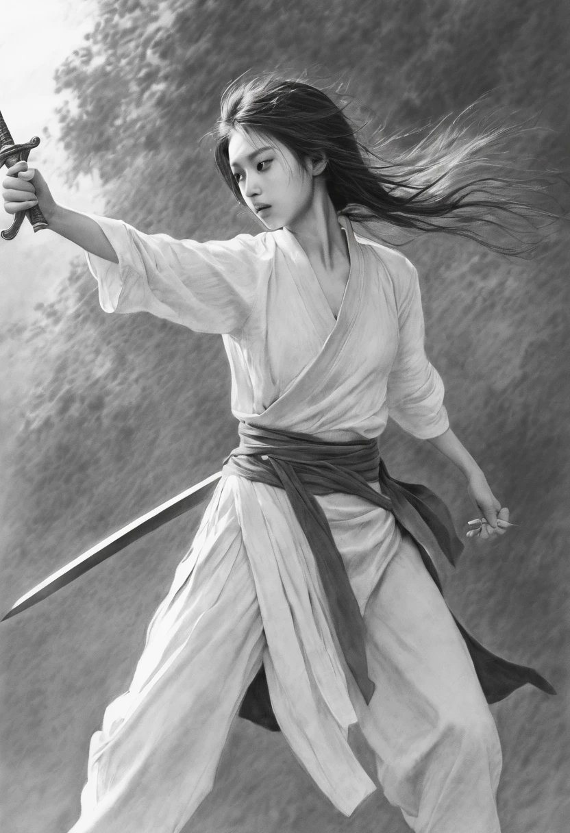 Girl,swordsmen,Ancient wind,Black and white,(character sketch:1.1),(charcoal drawing:1.2),Sketch,(pencil drawing:1.3)