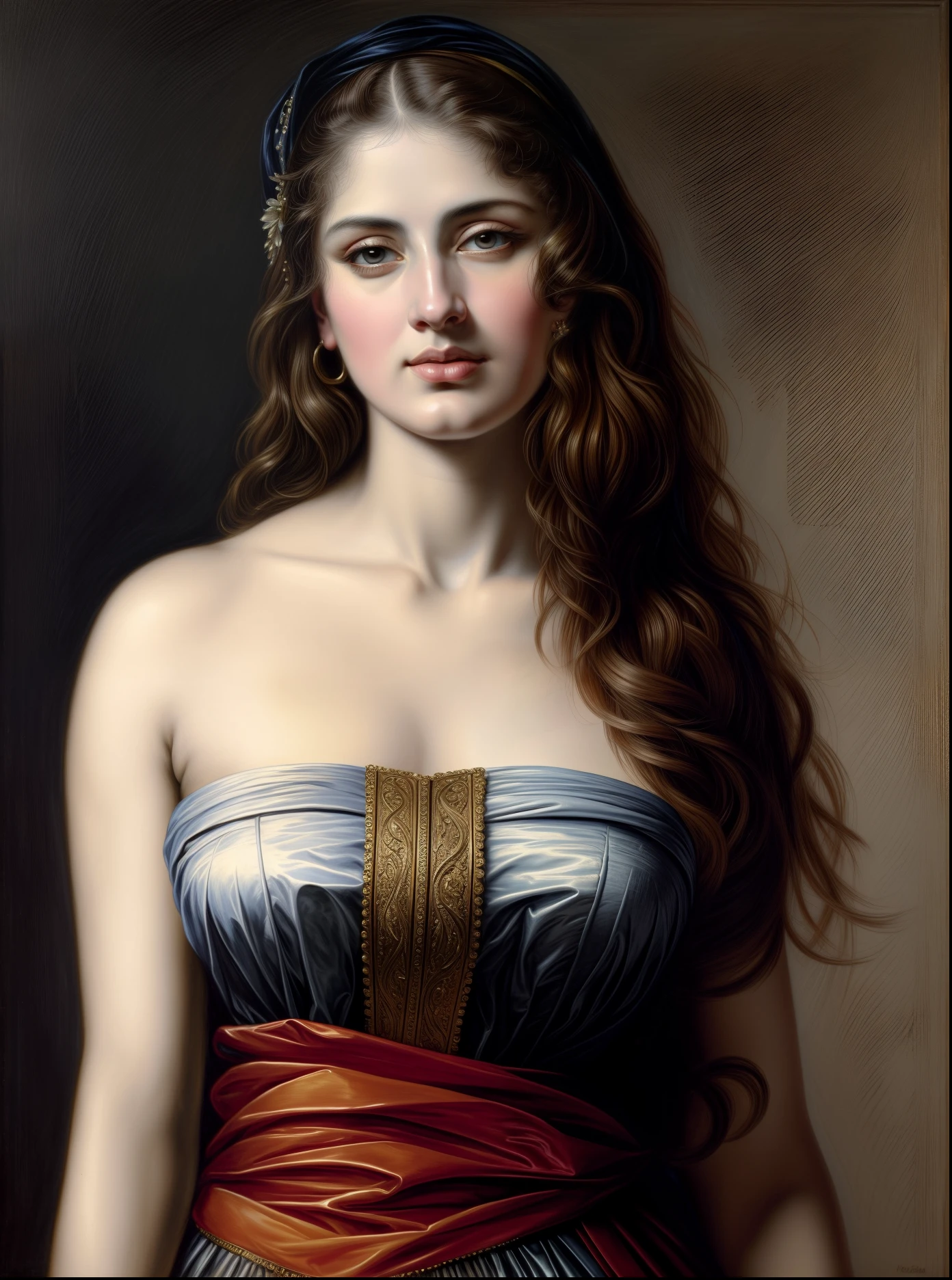 Nathalie Portmann,  25 ans, seductive look, sourire romantique, fine, brune, yeux verts, masterclass, 8K, UHD, HD, High quality,   sexy, bodypainting, dans un atelier de peinture, tableaux, peinture partout sur le mur, topless, bodypainting, motif de tableau de la renaissance, impressionnisme, tableau renaissance peint sur le corps
