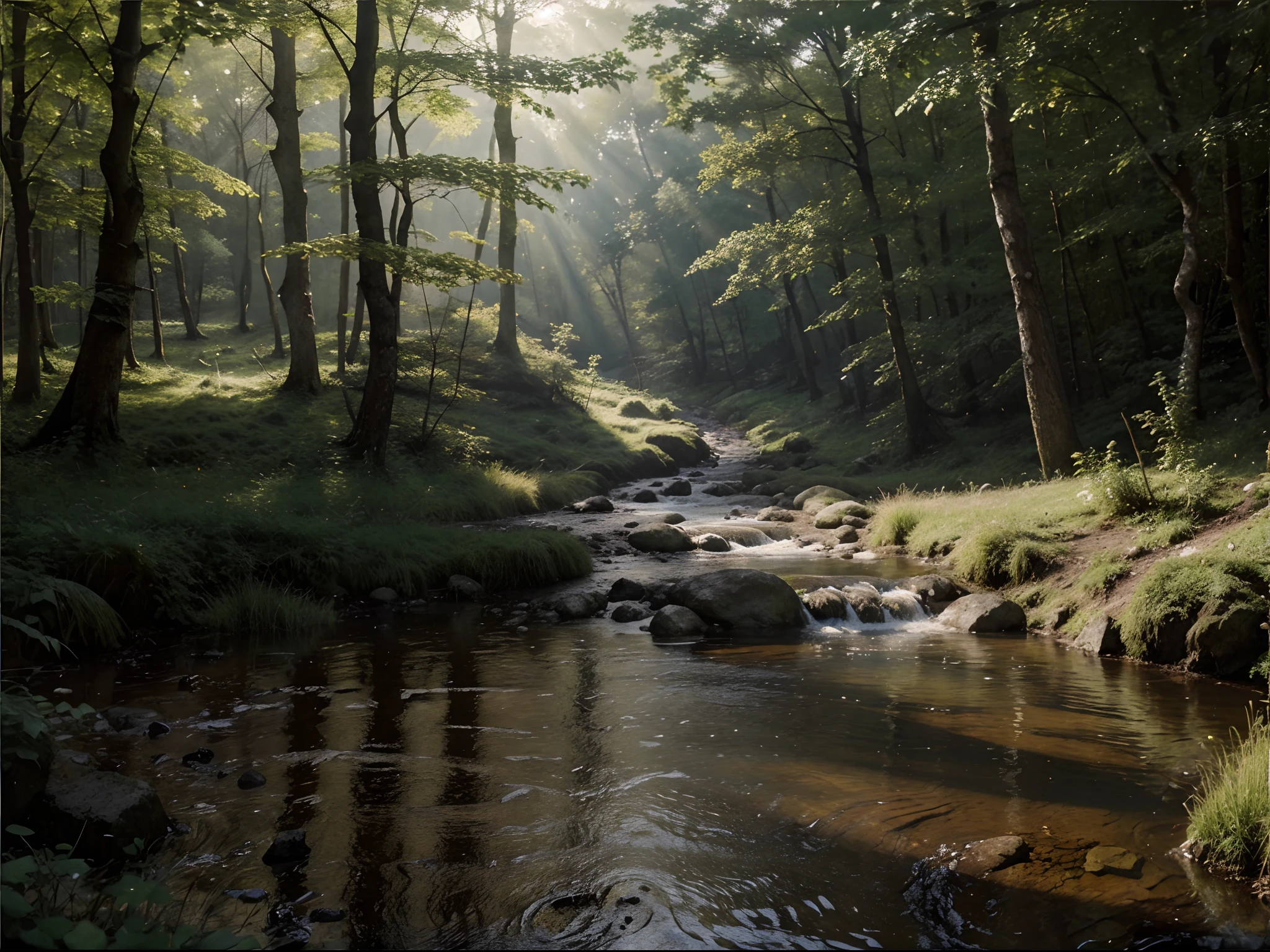 Oil painting. Realistic environment, a little dark and tense. a natural stone path and a small stream flows through large stones into a large puddle in front of us. to the clearing. Deaf, forested area. Lots of details. Pronounced sun rays. Light fog.