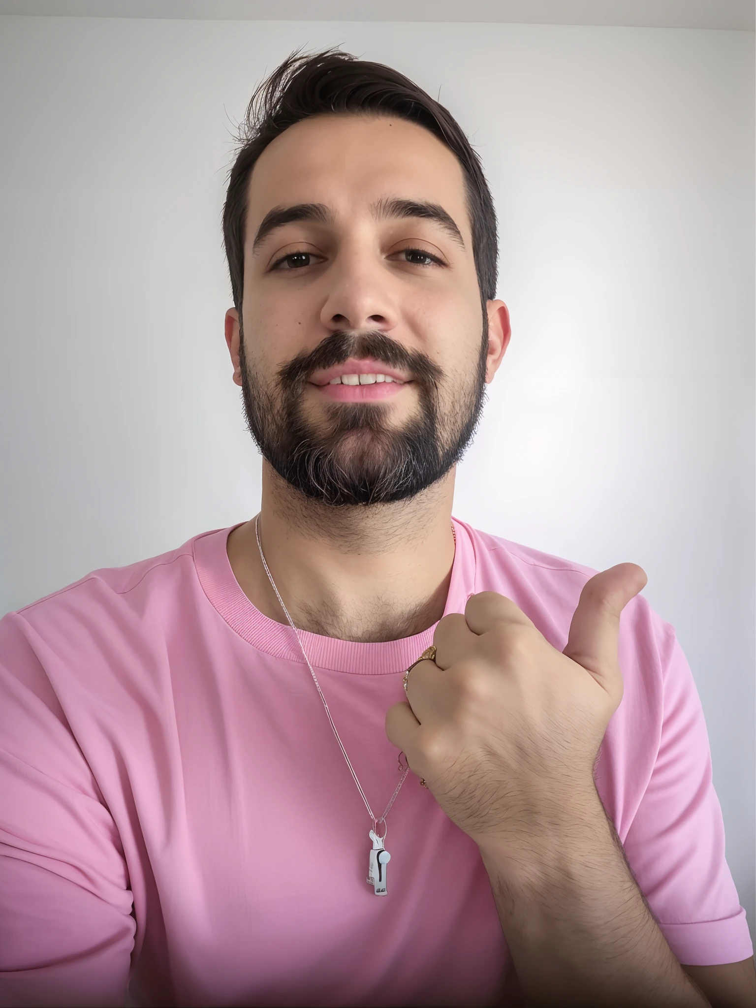 there is a man with a beard and a pink shirt, pointing at camera, Fotografia selfie 8k, giving a thumbs up to the camera, selfie de um homem, wearing several pendants, usando um capuz rosa, inspired by Matteo Pérez, com o dedo indicador, inspirado em Ludovit Fulla, George Doutsiopoulos