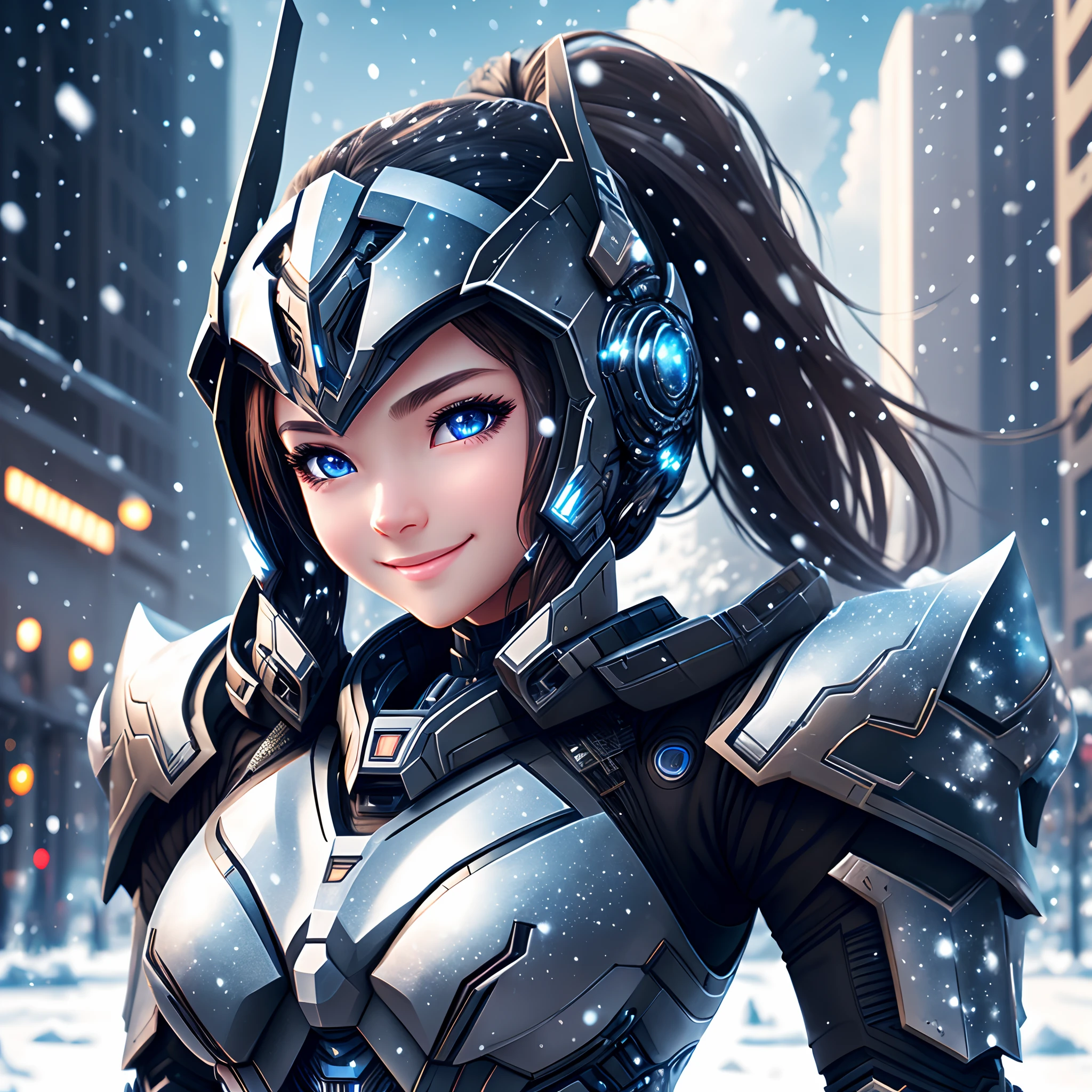 Beautiful girl wearing cybernetic armour, 8k, best quality, detailed, ultra detailed, detailed armour, pitch black eyes, solo focus, smiling, detailed face beautiful dreamy sky, detailed background, urban city background, snow flakes
