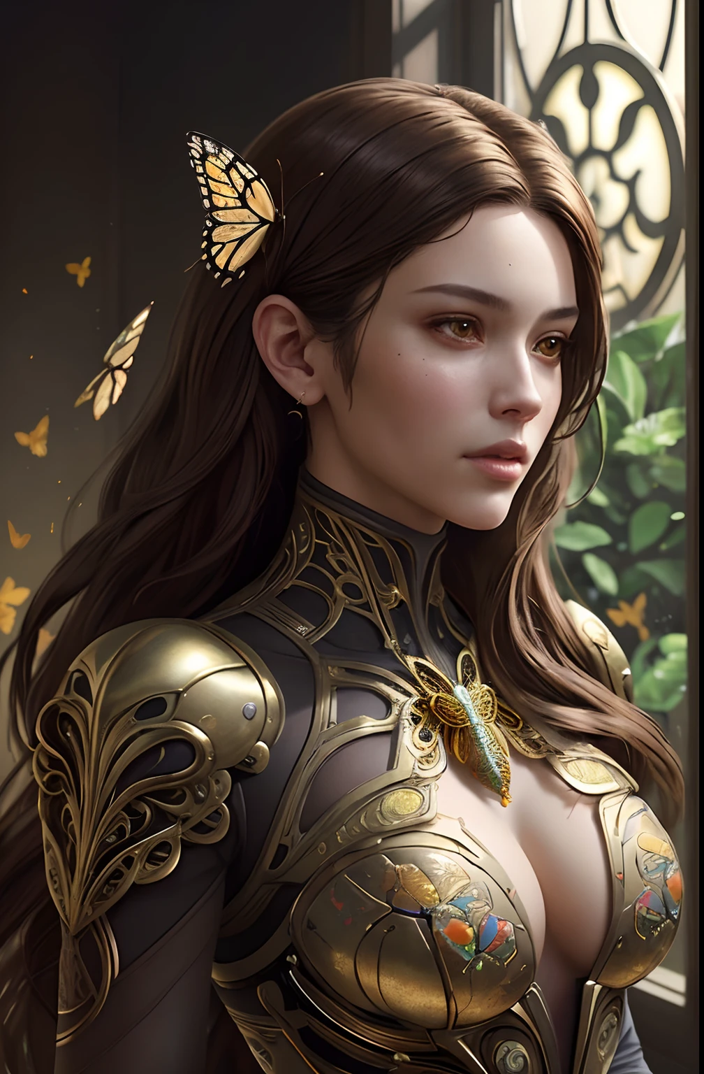 8K portrait of beautiful cyborg with brown hair, Convoluted, Elegant, Highly detailed, An majestic, digital photo, art by artgerm and ruan jia and greg rutkowski surreal painting gold butterfly filigree, Broken glass, (masutepiece, side lights, finely detailed beautiful eye: 1.2), nffsw, (Detailed background window to a new dimension, Plants and flowers:0.7) Infinity, Infinite Symbols,