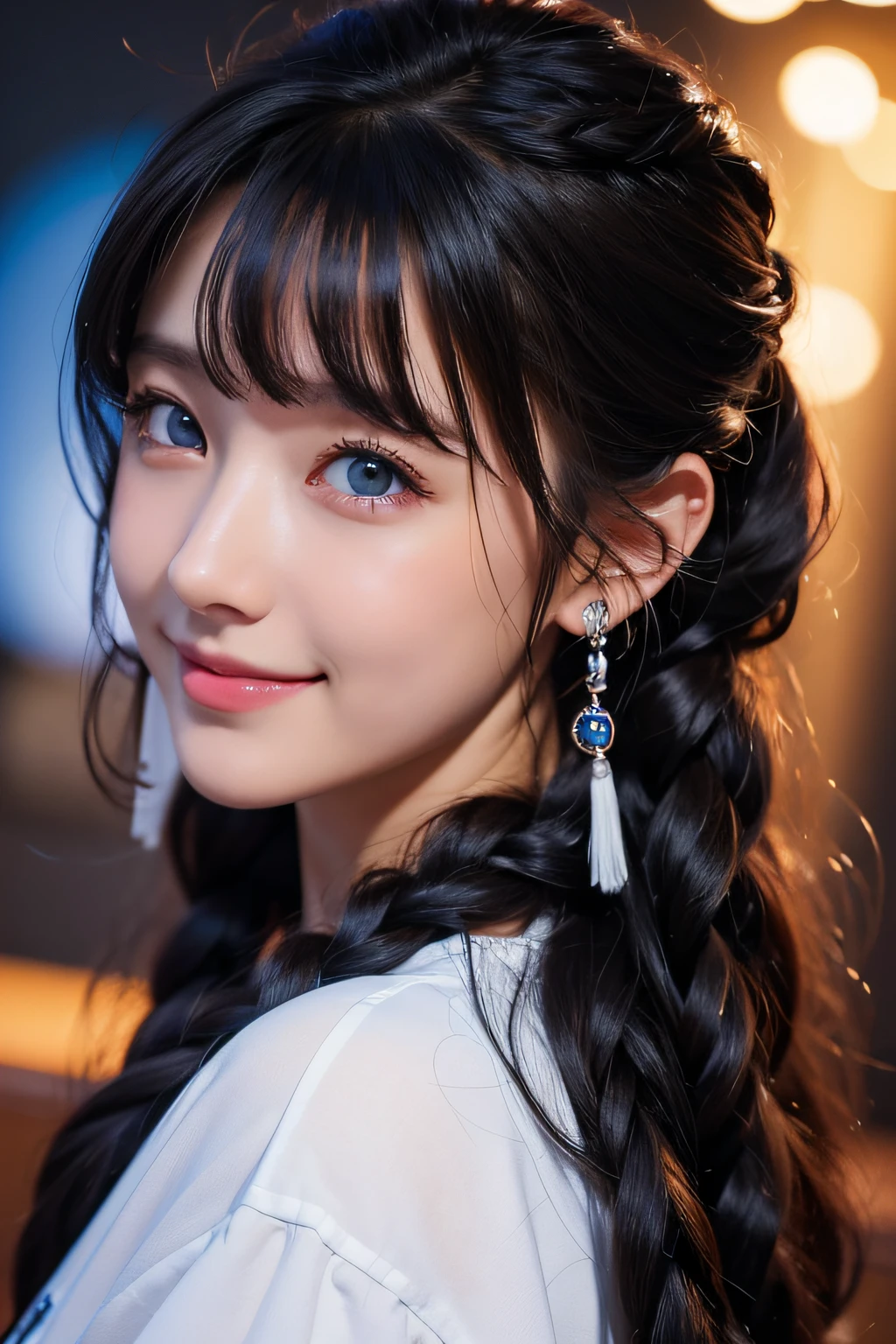 Black hair, Anime, Ghibli, Anime style, close up, From Side, One-person viewpoint, 8K, Super Detail, masutepiece,Super Detail, High quality, High resolution, high detailing, Outer space background, Face Detail, Happiness, Curly hair, Blue eyes、With smiling eyes、Curly hair in braids、poneyTail、drooping bangs