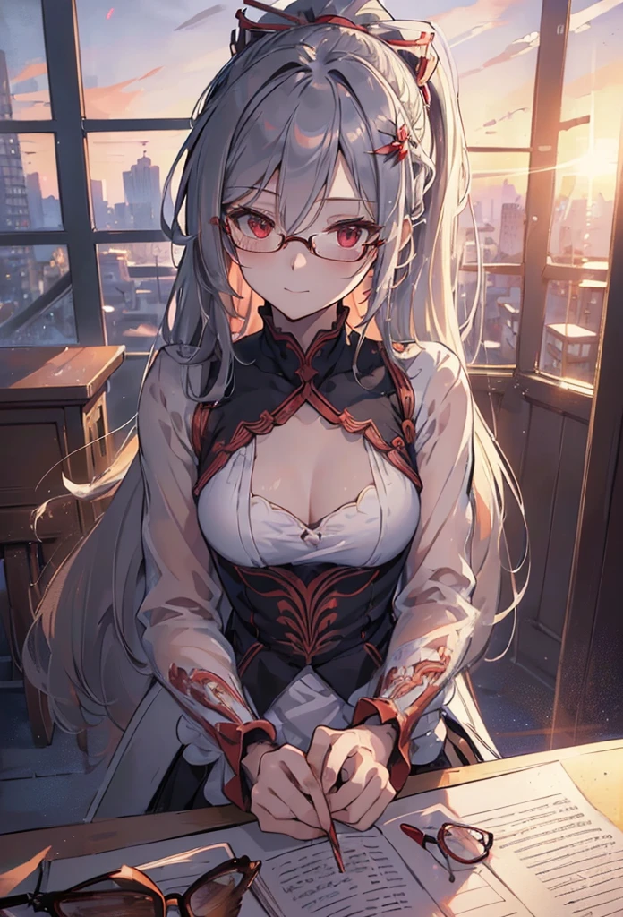 (((Masterpiece))),(((Best quality))),(((Amazing detail))),((illustration)),((A high resolution)),((8K)),((Anatomically correct)),Silver long hair, red eyes, High ponytail,Delicate hair,a matural female,black-frame glasses,Light smile,adjusting eyewear,angle of view,Anime,Depth of field,Classroom Background,Sunset,Soft light,From above,Lens flare