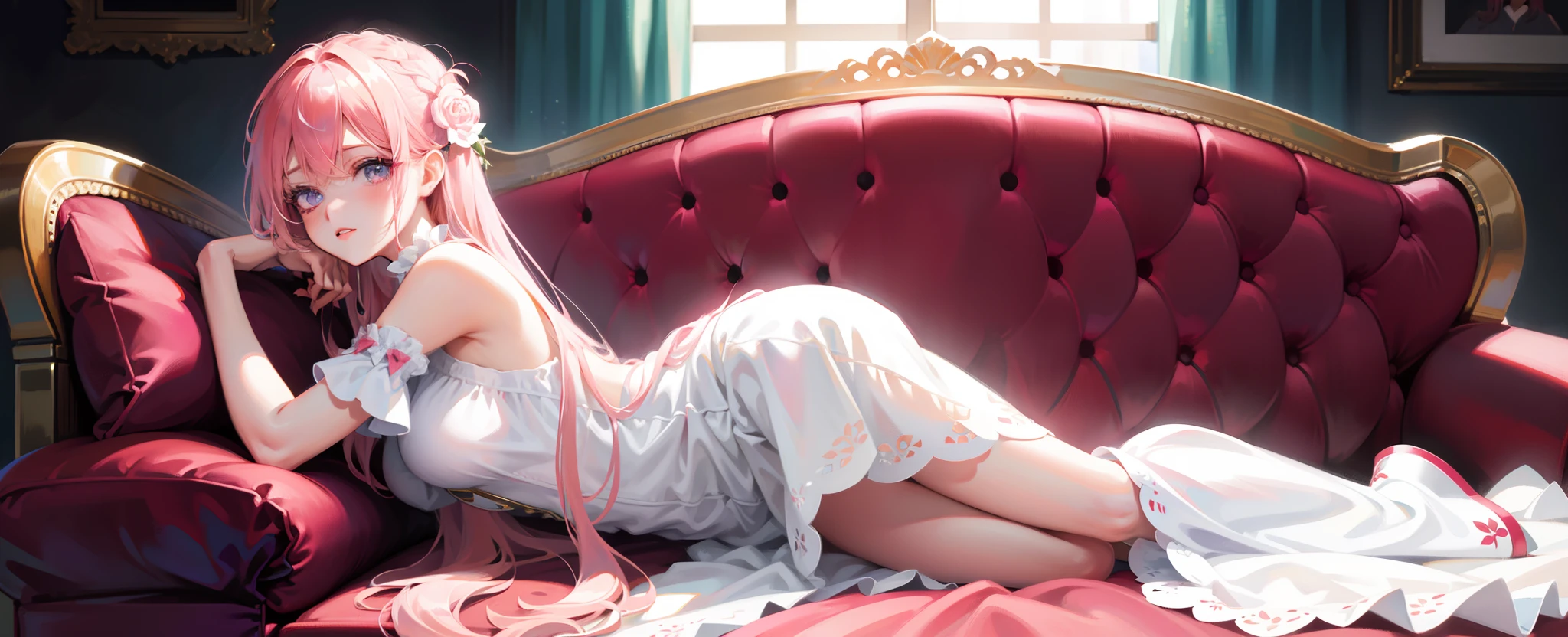 masutepiece, Best Quality, super detailed, Illustration, Beautiful detailed eyes, close up, 1 girl, Pink hair, White Dress, lying on sofa