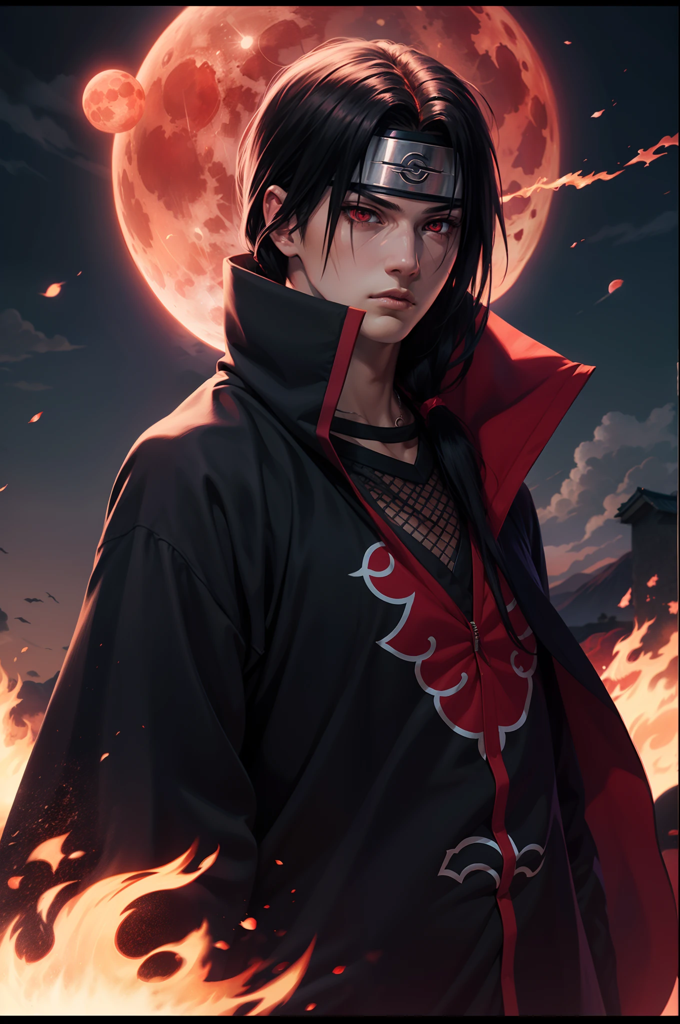 Masterpiece, high detailed, a young man covered in black cape with red cloud drawing or akatsuki robe from naruto, itachi uchiha, red eyes, upper body, shinobi, Konoha headband, red moon in the background, red theme, from naruto, long hair, covered in red flame