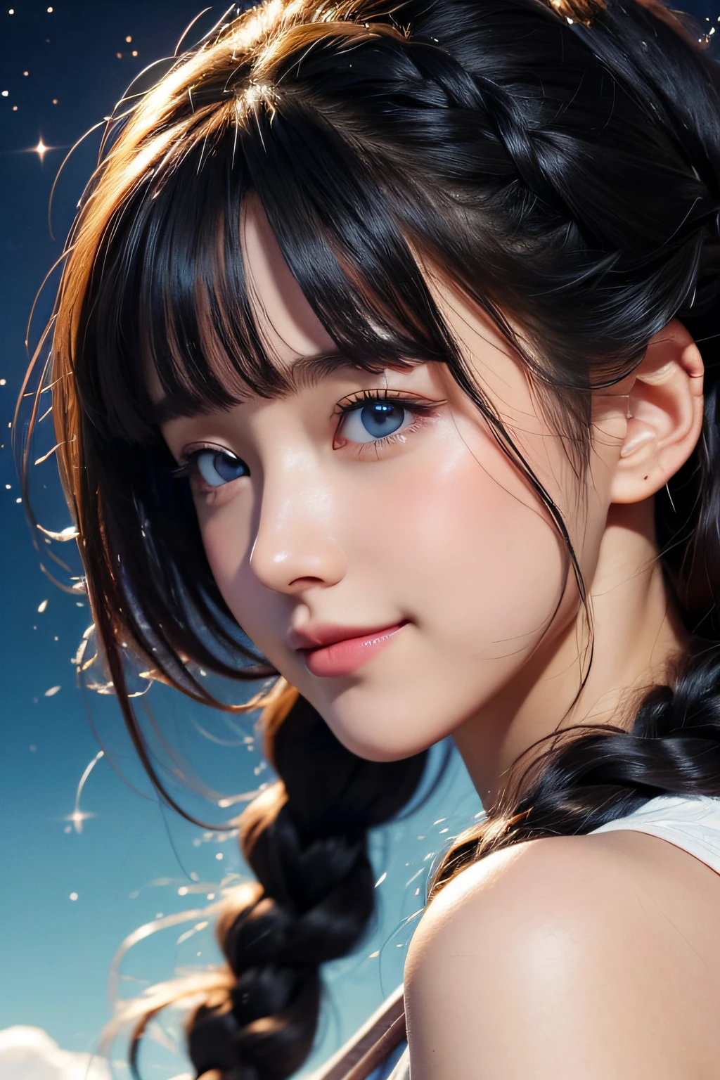 Black hair, Anime, Ghibli, Anime style, close up, From Side, One-person viewpoint, 8K, Super Detail, masutepiece,Super Detail, High quality, High resolution, high detailing, Outer space background, Face Detail, Happiness, Curly hair, Blue eyes、With smiling eyes、Curly hair in braids、poneyTail、drooping bangs