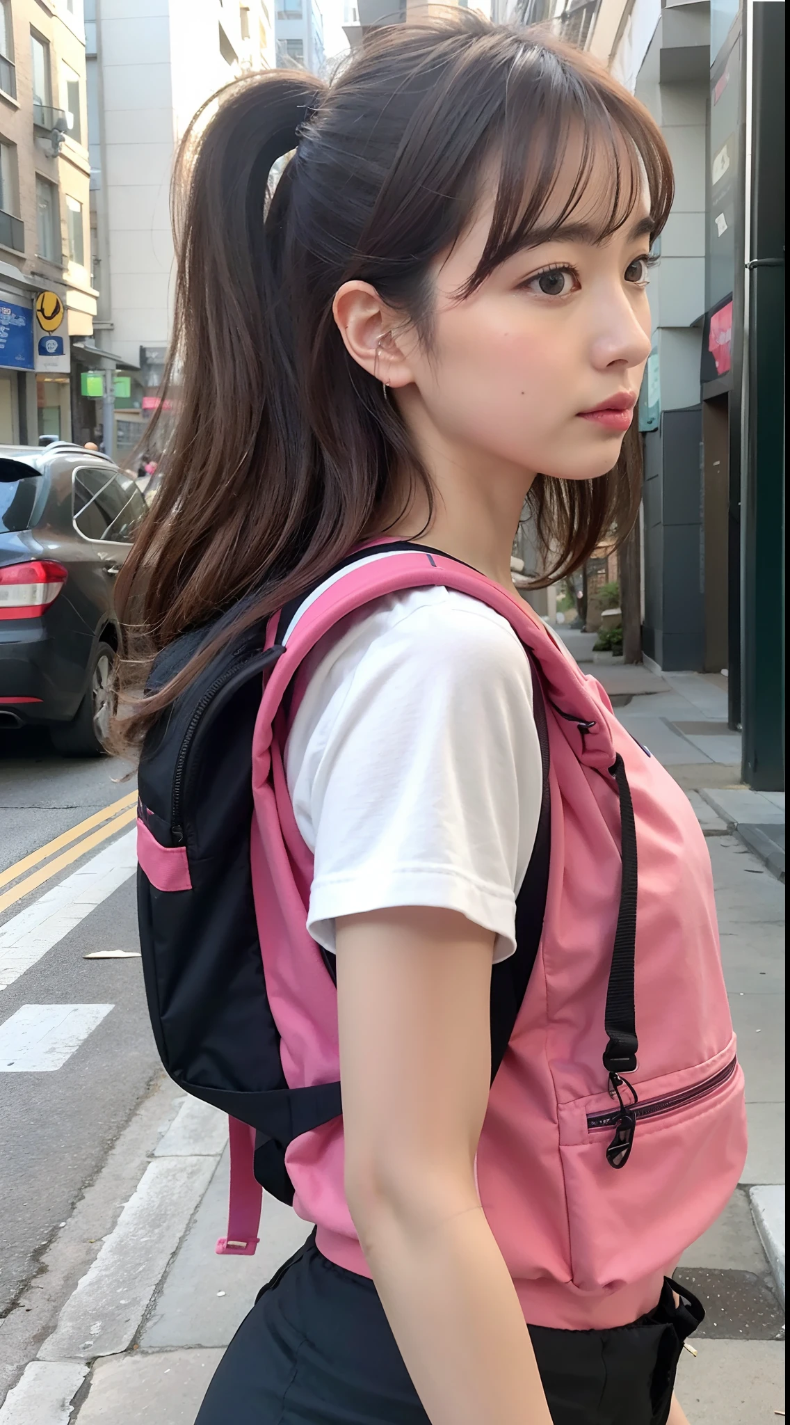 arafed image of a woman with a backpack walking down a street, with a backpack, vivid detail, backpack, close portrait, all around, f / 2 0, miko, kano), けもの, item, low - angle shot, low-angle shot, portrait shot, beginner, mixed art, taken with canon 8 0 d, student