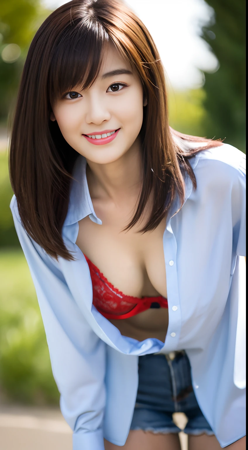Masterpieces of the highest quality,Insanely detailed.Hyper realistic,She is 20 years old. She is wearing a large shirt and a cute red bra underneath. She is bending forward and the collar of her shirt is wide open.
(Front view), ((Cowboy Shot)), (Cowboy Hat:-1), (downblouse), pretty red bra under shirt,
,20 years old,1girl in, Solo, Japanese, blown hair, Middle hair, Straight hair, nervous smile,