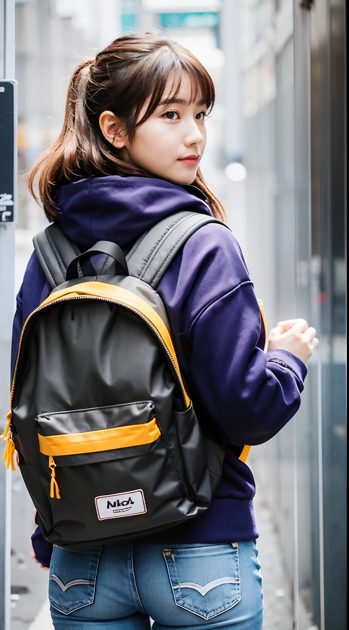 arafed image of a woman with a backpack walking down a street, with a backpack, vivid detail, backpack, close portrait, all around, f / 2 0, miko, kano), けもの, item, low - angle shot, low-angle shot, portrait shot, beginner, mixed art, taken with canon 8 0 d, student
