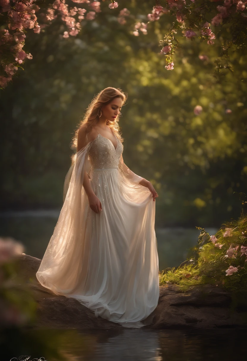 (best quality, 4k, highres, masterpiece:1.2), ultra-detailed, realistic, vibrant colors, dreamy lighting, peaceful atmosphere, beautiful nature, serene expression, sparkling water surface, delicate brushstrokes, intricate details, gentle breeze, blossoming flowers, soft sunlight, tranquil setting, soft waves, graceful posture, elegant motion, captivating gaze, ethereal beauty, stunning artwork, flowing hair, enchanted forest, serene reflection, touch of magic