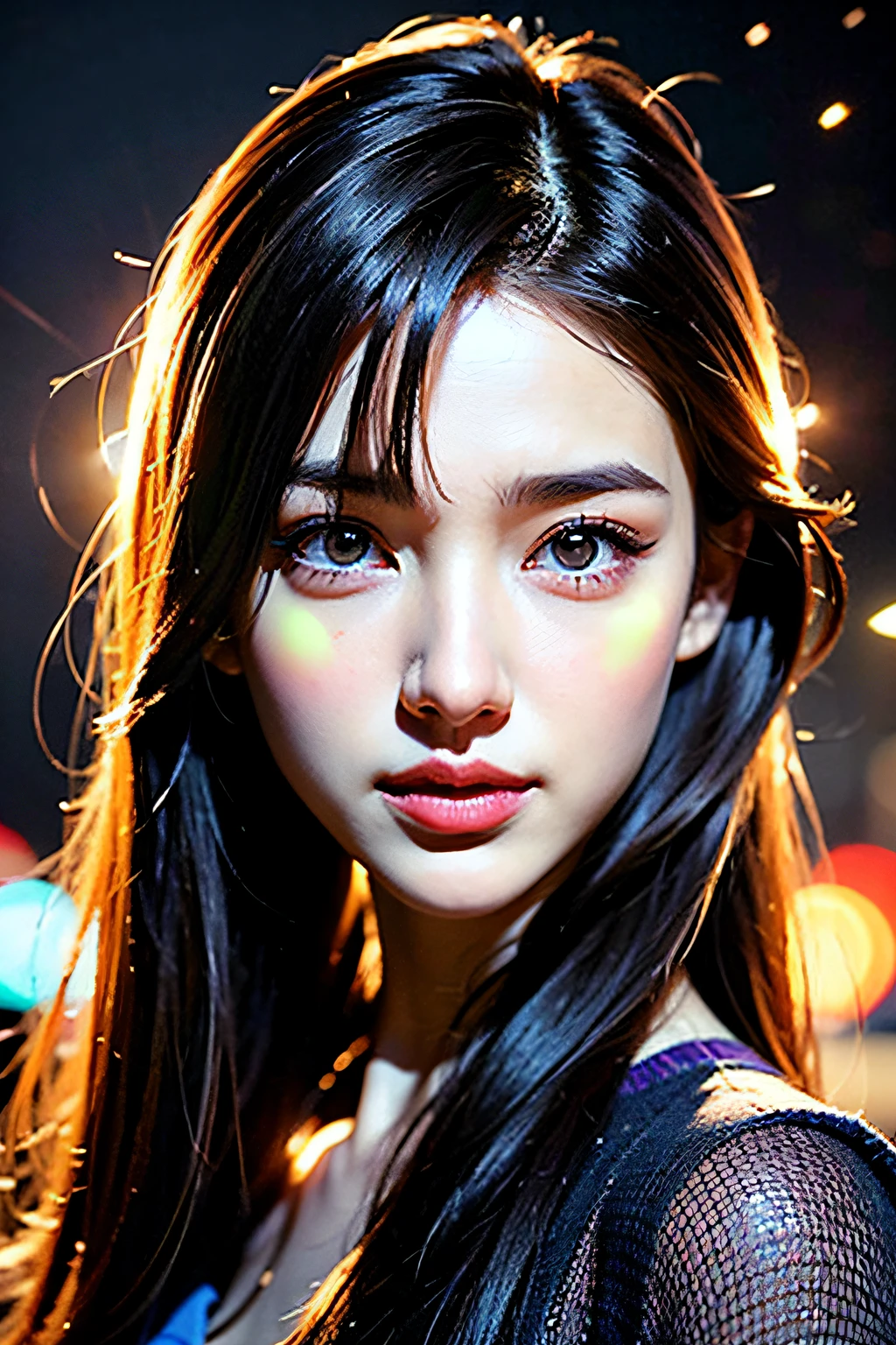 (masterpiece), top-quality, 超A high resolution, a closeup, Slim body, 1girl in, Autumn clothes, length hair, Laugh, natta, Outer space background, Colorful lights, photon maping, Radio City, physically-based renderingt, lighting like a movie, It's complicated, high detailing, foco nítido, Dramatic, Photorealsitic, beautiful countenance、(Lifelike face)、realisticeyes、beatiful detailed eyes、real looking skin、Beautiful skins、A hyper-realistic、ighly detailed,