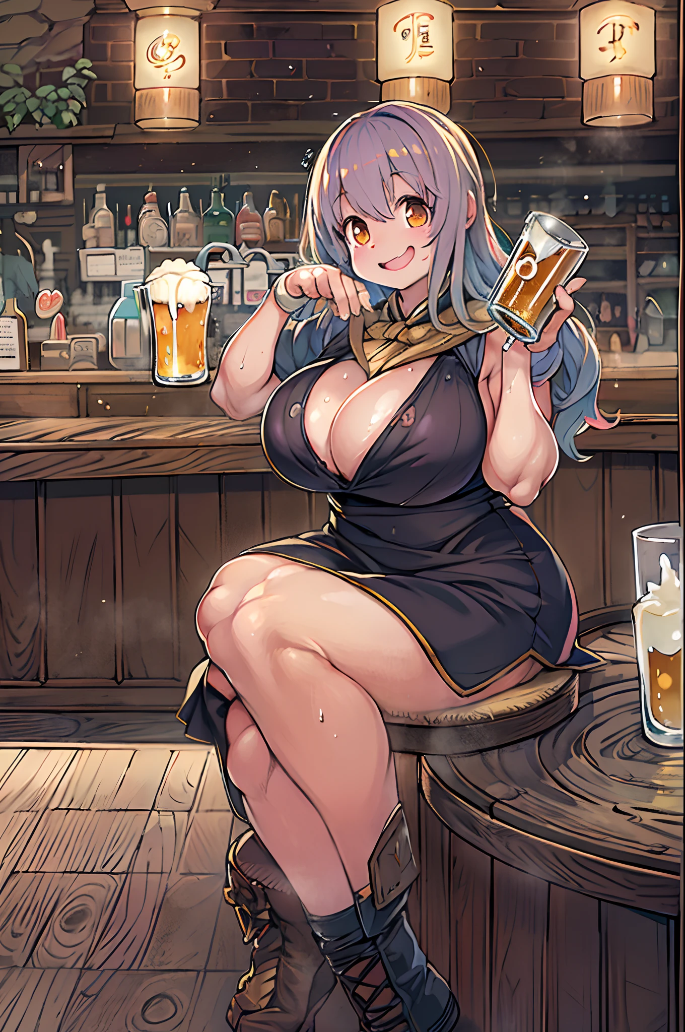A 40-year-old woman、Sitting at a bar,a bar counter、ultra gigantic tits、Huge Huge Huge Bust、nursing、adult lady、amorous、smil、drinking beer、🍺、