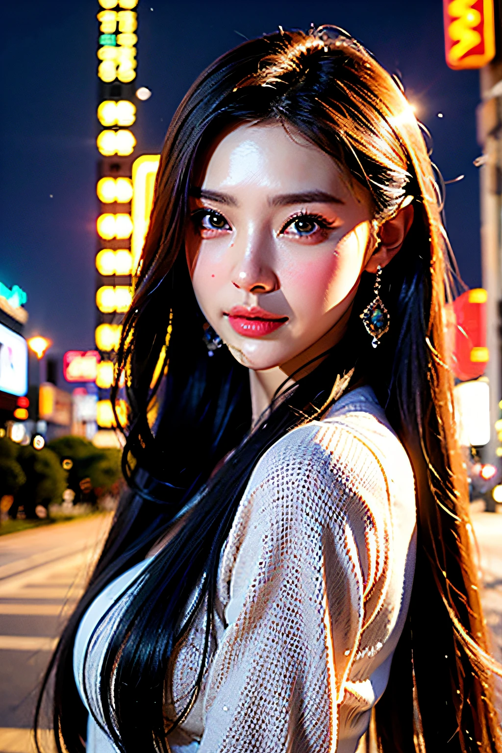 (​masterpiece), top-quality, 超A high resolution, a closeup, Slim body, 1girl in, Autumn clothes, length hair, Laugh, natta, Outer space background, Colorful lights, photon maping, Radio City, physically-based renderingt, lighting like a movie, It's complicated, high detailing, foco nítido, Dramatic, Photorealsitic, beautiful countenance、(Lifelike face)、realisticeyes、beatiful detailed eyes、real looking skin、Beautiful skins、A hyper-realistic、ighly detailed,