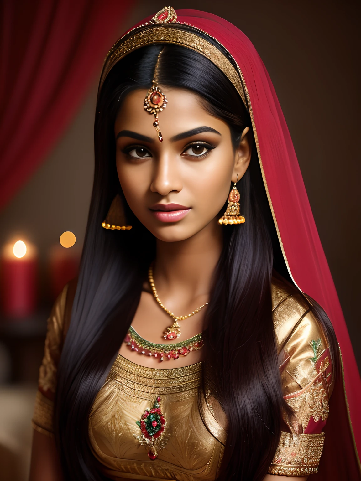 imagine full height portrait of, (ultra realistic:1.37), (extremely believable:1.6 picture) (intricate beautiful details of faces & eyes & ears & nose & lips & skin & body parts), a beautiful 18 years old brown Tamil girl with long black hair normal breasts, (seductive eyes) (shy face) (cute expressions), traditionally modern glamorous outfits, clever makeup, clothing with masterpiece designs, stylish footwears, photoshoot inside a luxurious studio, (realistic:1.2 background), minimal ornaments, vibrant colors, high quality lighting, cinematic effects