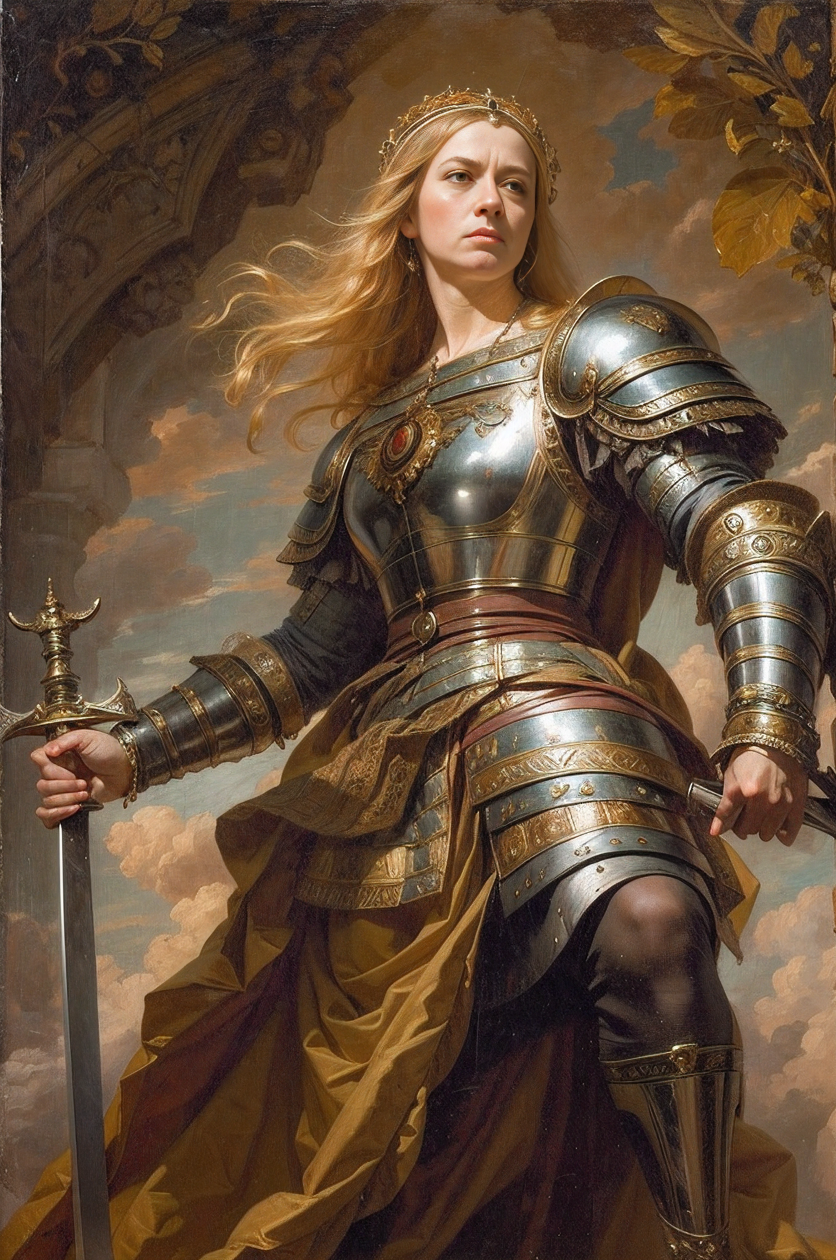 (oil painting, renaissance style) An Amazon wields a sword, aggressive facial expression, wrinkles of anger (Low Angle Shot, full body)