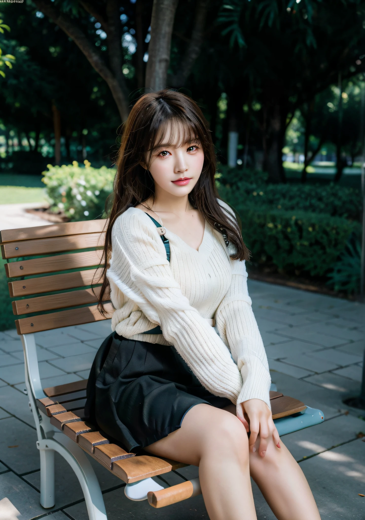 there is a woman sitting on a bench in a park, Realistic anime 3 D style, Korean girl, 🤤 girl portrait, Guviz-style artwork, trending at cgstation, Guviz, ulzzangs, sakimichan hdri, in the art style of bowater, Photorealistic!!!!!!! Art style, [ 4 K digital art ]!!