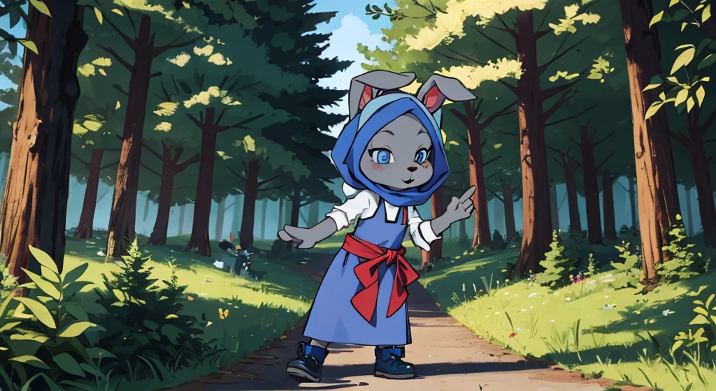 bunny, Furry, gray in color, blue eyes, A blue scarf on his head, blue dress, Red Belt, black footwear, white blouse
