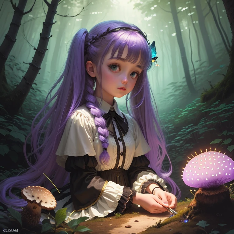 (illustartion, painting style, famous artwork, Professional Artwork:1.2) (Masterpiece, Best Quality, dramatic  lighting:1.2), painting style, DruidMagicAI, BJD Dolls, whimsical, young teenager (hair light:1.3) Girl (Napping on top of a large downy mushroom:1.1) In a lush ancient gnarled forest, twintails, (purple ribbons:1.1), Green eyes, (Bioluminescent Glowing Mushroom:1.1), bioluminescense, Mushrooms, (Fireflies:1.2)