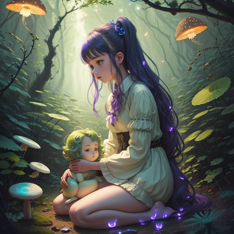 (illustartion, painting style, famous artwork, Professional Artwork:1.2) (Masterpiece, Best Quality, dramatic  lighting:1.2), painting style, DruidMagicAI, BJD Dolls, whimsical, young teenager (hair light:1.3) Girl (Napping on top of a large downy mushroom:1.1) In a lush ancient gnarled forest, twintails, (purple ribbons:1.1), Green eyes, (Bioluminescent Glowing Mushroom:1.1), bioluminescense, Mushrooms, (Fireflies:1.2)