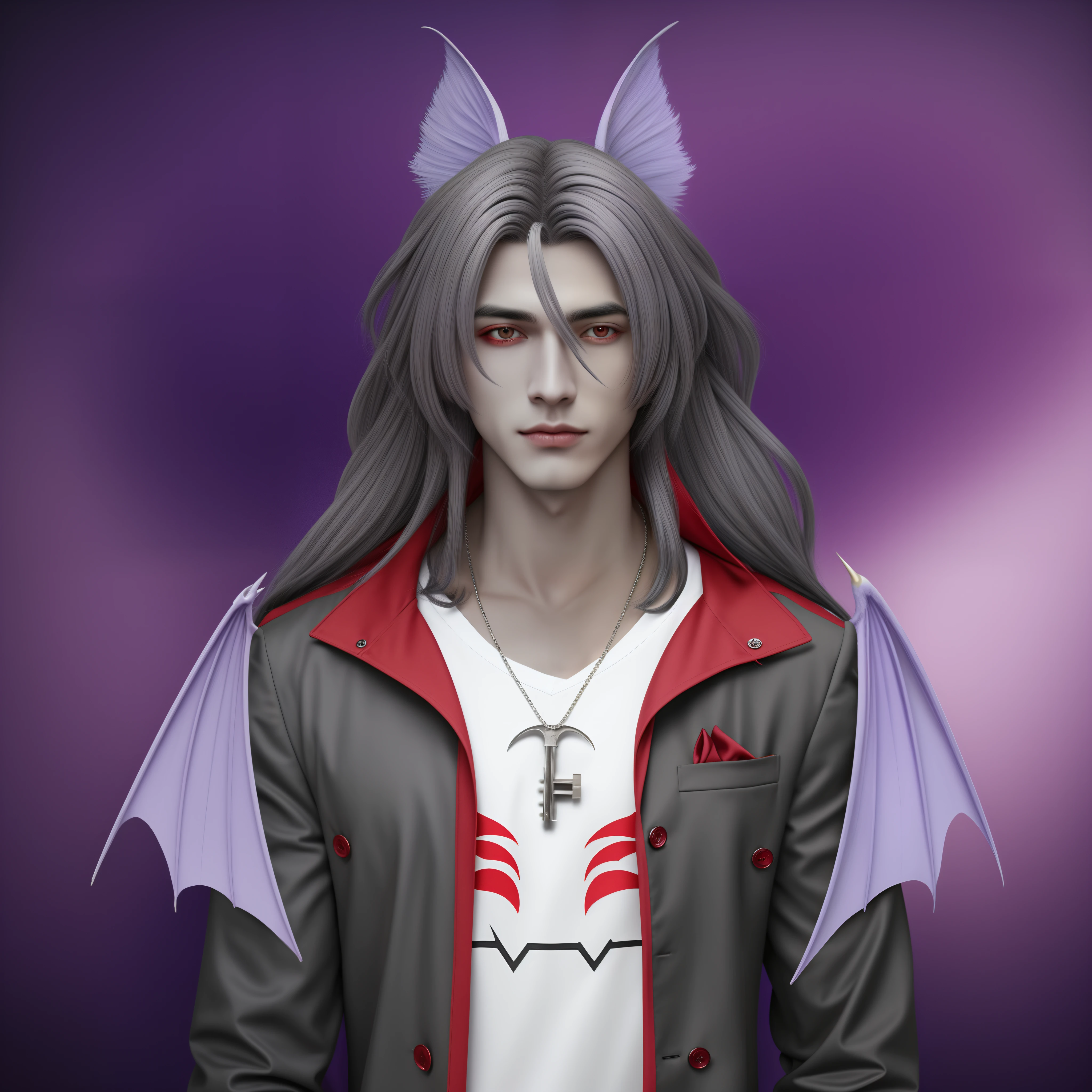 homem adulto de completely purple skin, Red Sclera Eyes and Gray Iris,1 Cabelos castanhos compridos, orelhas de morcego, gray and red coat, a white shirt, a key with bat wings hanging around his neck, humanoide Fursona, hybrid human