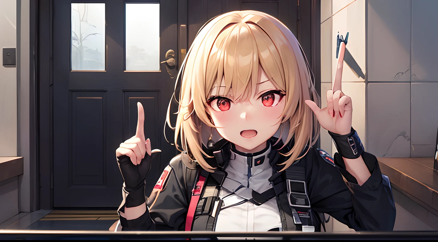 an asian woman holding up a handgun in a futuristic setting with a space background, 1girl, weapon, gun, solo, holding, holding weapon, short hair, assault rifle, rifle, pointing at the camera, holding_gun, aiming | aiming_at_viewer, trigger_discipline | finger_on_trigger(choose one), from girls frontline, girls frontline style, Anime machine-gun fire, girls frontline universe, fine details. girls frontline, girls frontline cg, girls frontline, M4 Sopmod II Girls on the Front Lines, makoto sinkai ( Apex Legends ), IG Studios Anime Style, Door Arrow, badass anime 8 k, Anime Artstyle Trigger