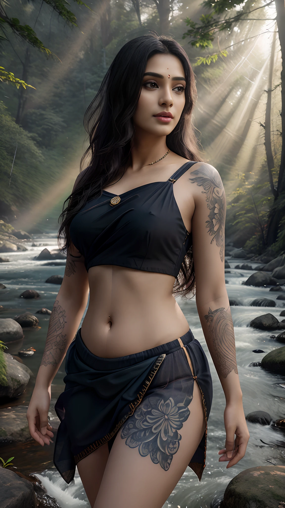 Beautiful young indian woman, wearing a saree, tattooed body, mountain forest background, river stream, very beautiful, traditional, detailed face, detailed body, oily skin, symmetric face, cute, belly pin, long bob hair, masterpiece, ultra realistic, detailed background, high resolution, god rays, ambient occlusion, ray tracing, ambient lighting, depth of field, bloom, volumetric lighting, volumetric fog, winter, SSAO, lens flare, 8K