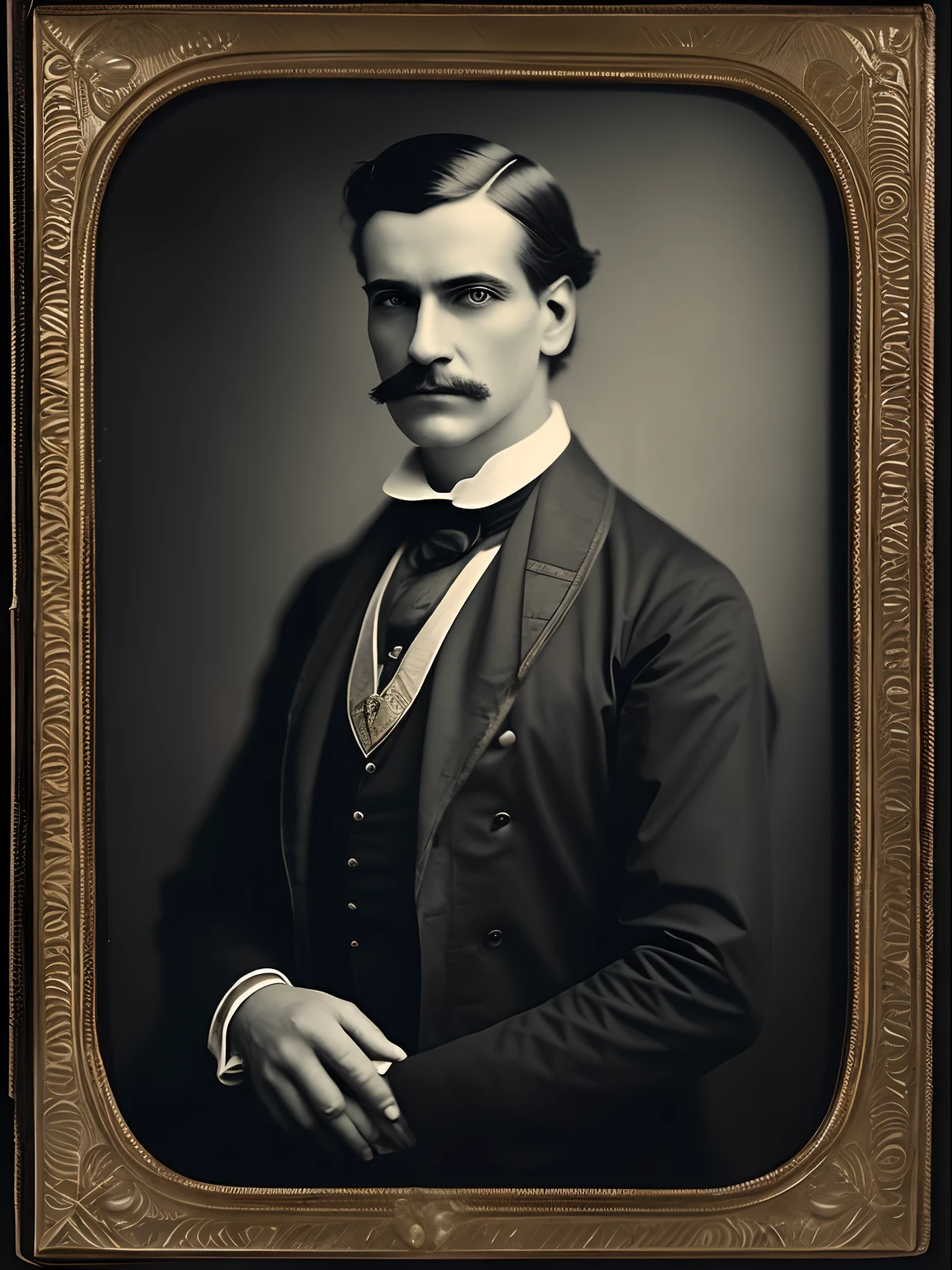 Collodion process a solemn portrait of a heavenly handsome Victorian man in his elaborate attire, his gaze distant yet very intense, captured with a vintage Deardorff 8x10 camera, evocative portraits, afternoon, soft window light, overcast