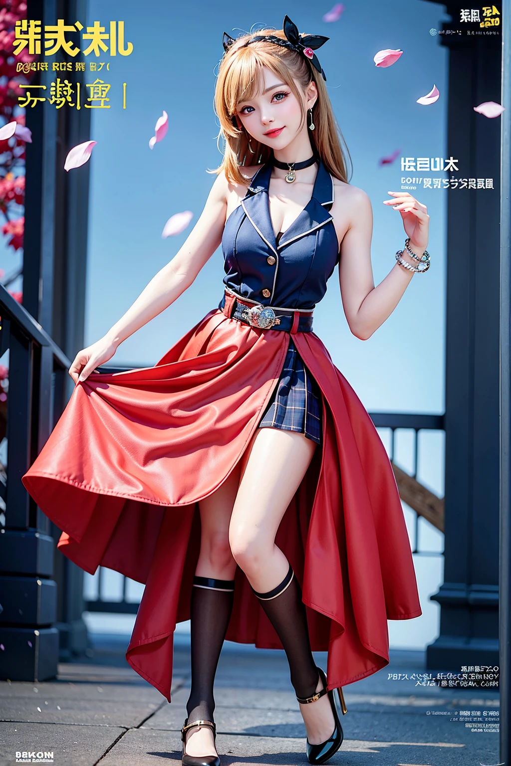 Masterpiece, Superb Style, Full Body, 1Girl, Bangs, Black Choker, Black Tie, Blonde Hair, Blue Skirt, Blush, Bracelet, Beautiful Breasts, Choker, Waist Dress, Collarbone, Collared Shirt, Denim Photos, Dress Shirt, Ear Piercings, Eyebrows Visible Through Hair, Gradient Hair, Grin, Gyaru, Jewelry, Kogal, Long Hair, Looking at the Audience, Loose Tie, Tie, Piercing, Plaid Skirt, Plaid Skirt, Pleated Skirt, Red Eyes, Ring, School Uniform, Shirt, Skirt, Smile, solo, white shirt, street, sky, cherry blossoms, petals, illustration, (magazine: 1.3), (cover style: 1.3), fashion, woman, vibrant, attire, pose, front, colorful, dynamic, background, element, confident, expressive, hold, statement, attachment, majestic, coiled, around, touch, scene, text, cover, bold, eye-catching, title, fashion, font, catchy, title, bigger, eye-catching, modern, stylish, focused, stylish, black stockings