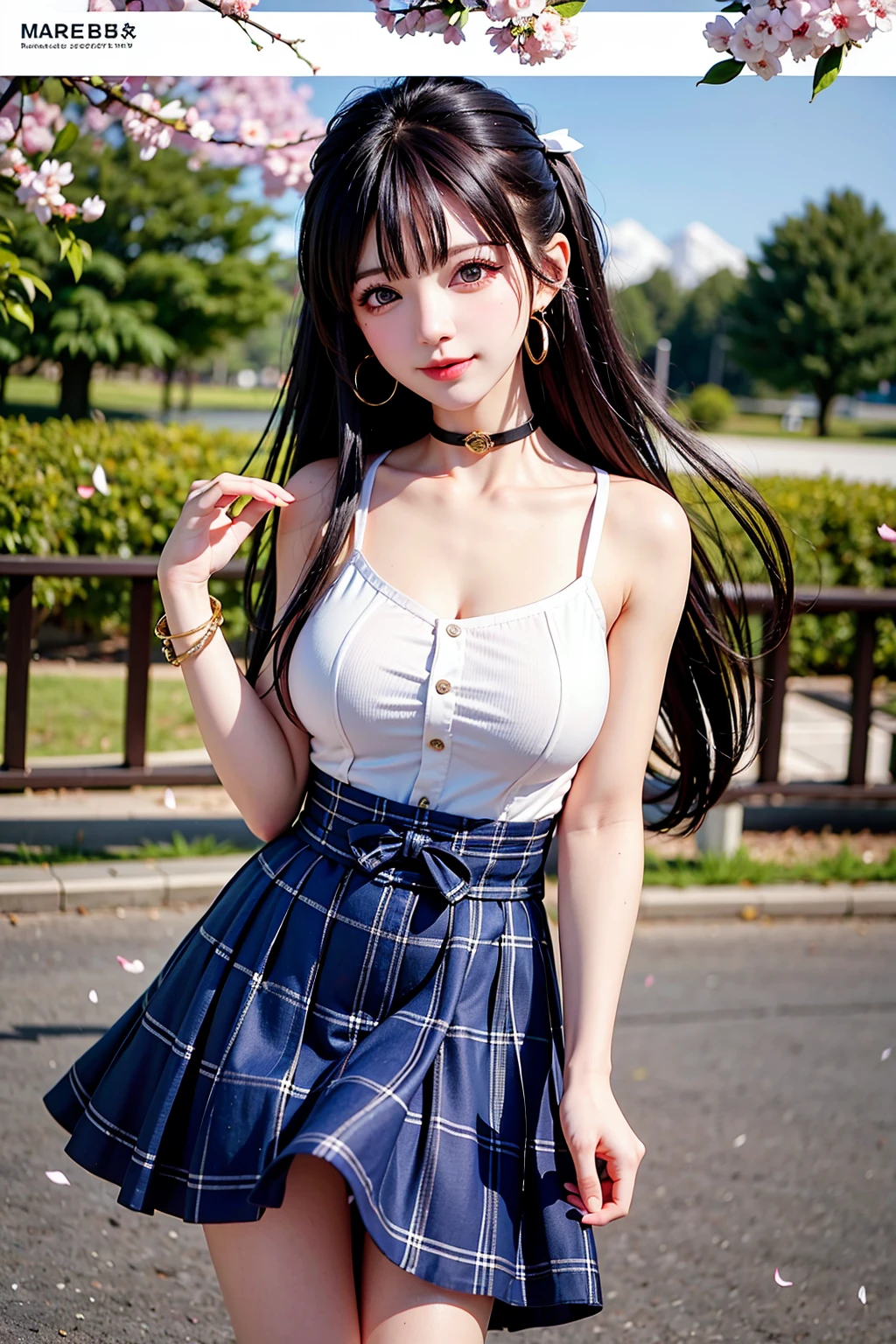 Masterpiece, Superb Piece, Full Body, 1Girl, Bangs, Black Choker, Black Tie, Black Hair, Blue Dress, Blush, Bracelet, Beautiful Breasts, Choker, Corsets, Collarbones, Collared Shirts, Denim Photos, Dress Shirts, Pierced Ears, Eyebrows Visible Through Hair, Gradient Hair, Grin, Gyaru, Jewelry, Kogal, Long Hair, Look at the Audience, Loose Tie, Tie, Piercing, Plaid Skirt, Plaid Skirt, Pleated Skirt, Red Eyes, Ring, School Uniform, Shirt, Skirt, Smile, Solo, white shirt, street, sky, cherry blossoms, petals, (real: 1.5), fashion, woman, vitality, dressing, posing, front, colorful, dynamic, background, element, confident, expressive, holding, statement, attachment, majestic, coiled, around, touch, scene, text, cover, bold, eye-catching, title, fashion, font, catchy, title, bigger, eye-catching, modern, stylish, focused, stylish,