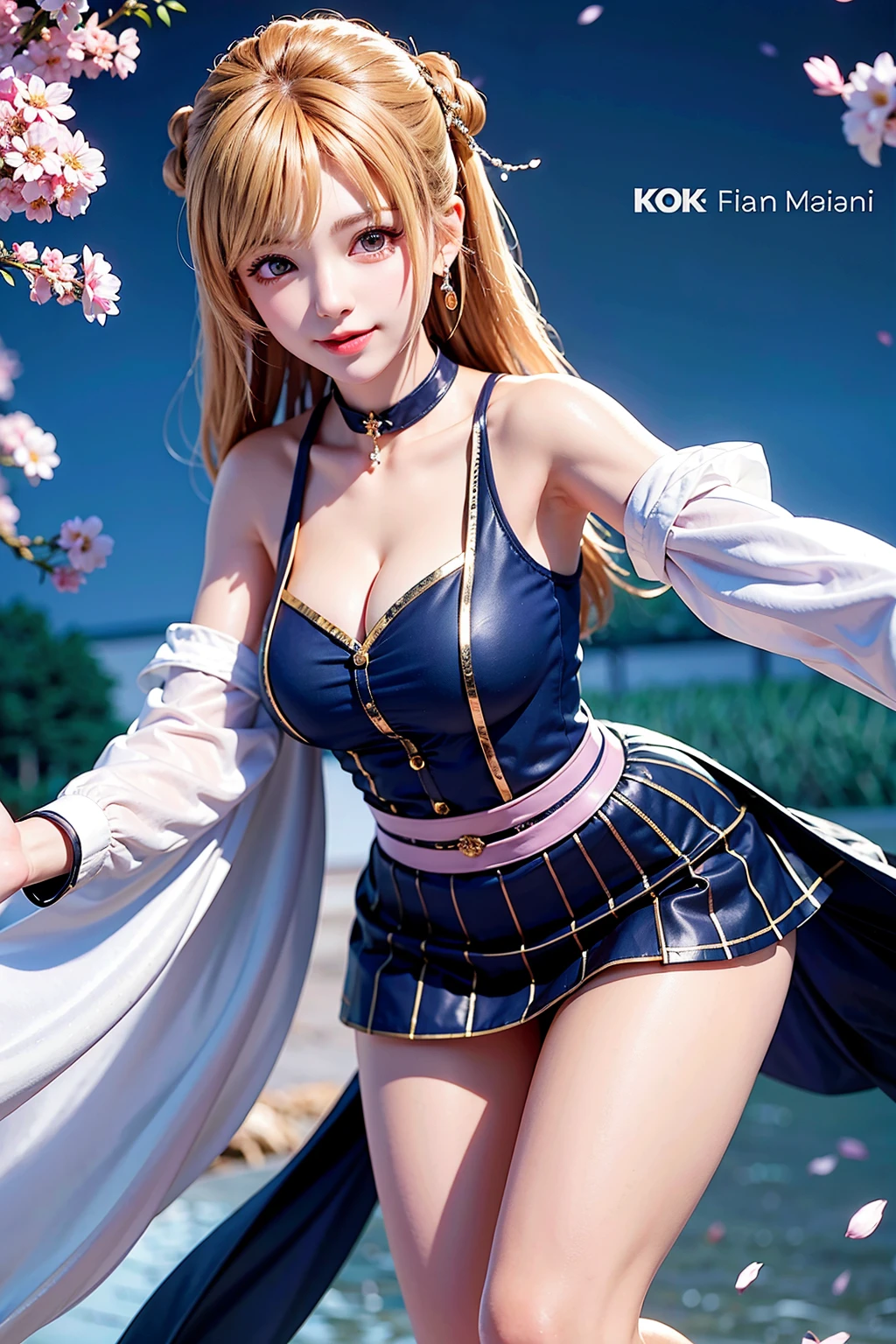 Masterpiece, Superb Style, Full Body, 1Girl, Bangs, Black Choker, Black Tie, Blonde Hair, Blue Skirt, Blush, Bracelet, Beautiful Breasts, Choker, Waist Dress, Collarbone, Collared Shirt, Denim Photos, Dress Shirt, Ear Piercings, Eyebrows Visible Through Hair, Gradient Hair, Grin, Gyaru, Jewelry, Kogal, Long Hair, Looking at the Audience, Loose Tie, Tie, Piercing, Plaid Skirt, Plaid Skirt, Pleated Skirt, Red Eyes, Ring, School Uniform, Shirt, Skirt, Smile, solo, white shirt, street, sky, cherry blossoms, petals, illustration, (magazine: 1.3), (cover style: 1.3), fashion, woman, vibrant, attire, pose, front, colorful, dynamic, background, element, confident, expressive, hold, statement, attachment, majestic, coiled, around, touch, scene, text, cover, bold, eye-catching, title, fashion, font, catchy, title, bigger, eye-catching, modern, stylish, focused, stylish, black stockings