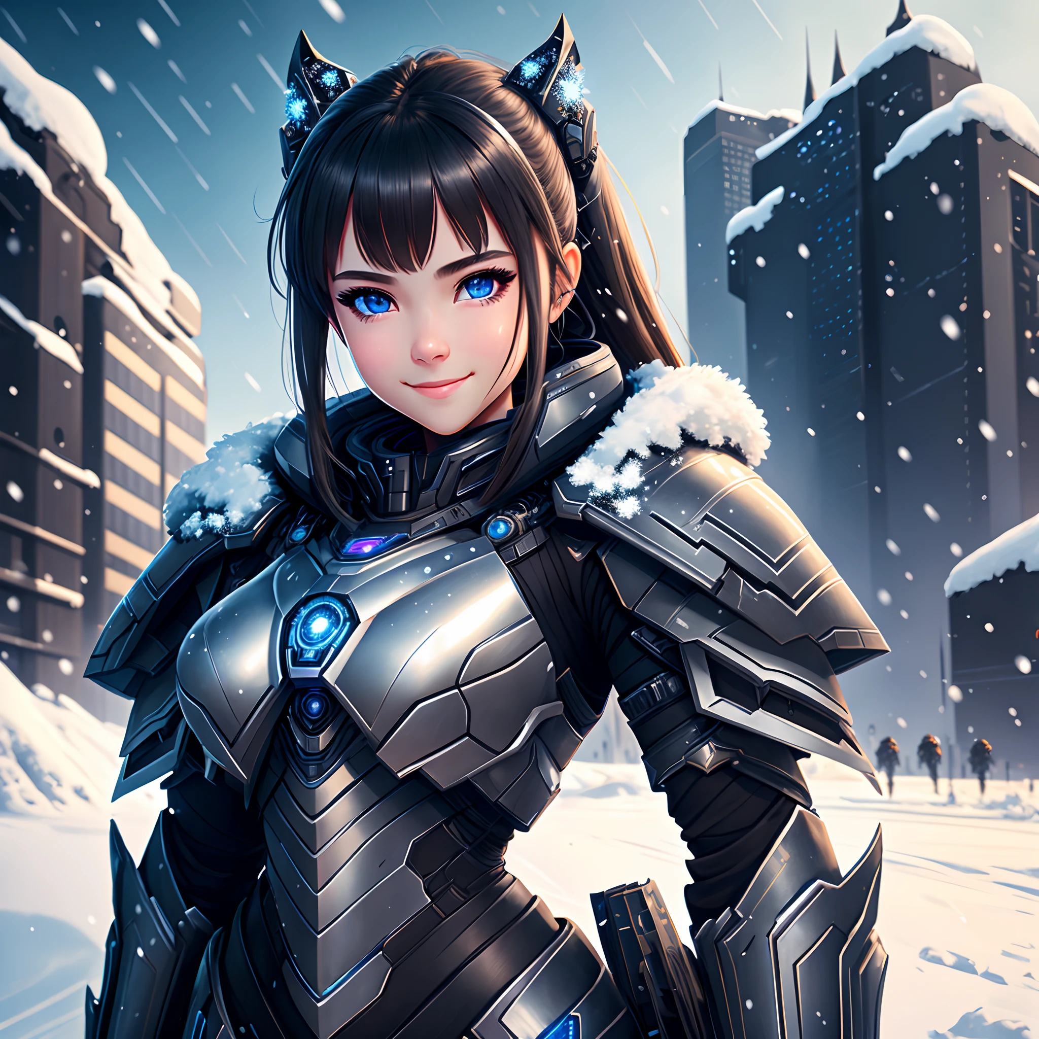 Beautiful girl wearing cybernetic armour, 8k, best quality, detailed, ultra detailed, detailed armour, pitch black eyes, solo focus, smiling, detailed face beautiful dreamy sky, detailed background, urban city background, snow flakes