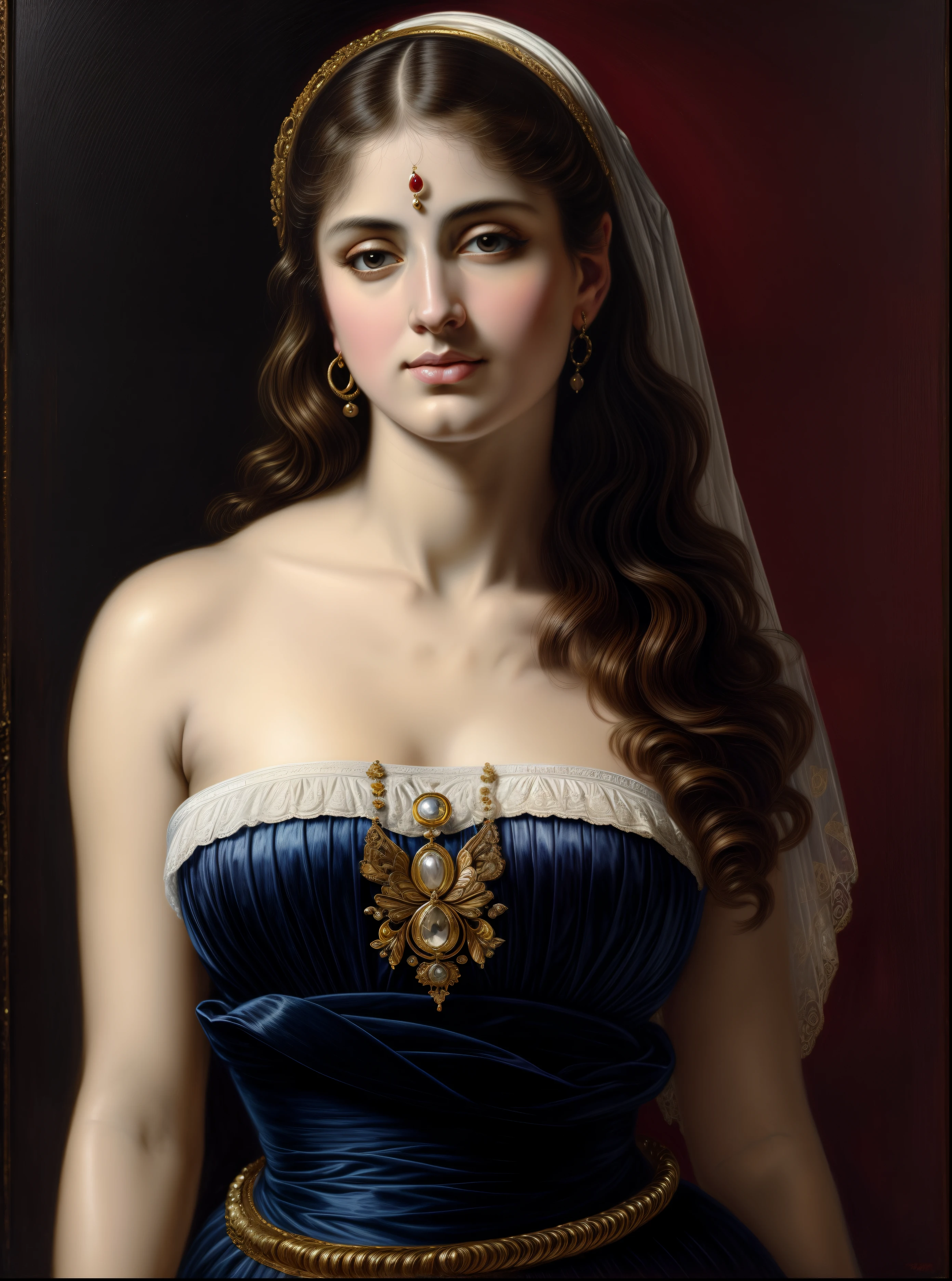 woman in blue dress slipped down from shoulders, exposed breasts, turban on head, pearl necklace around neck, holding camera, against red velvet drapery, high renaissance style, renaissance style, inspired by Jean Fouquet, inspired by Hendrik Terbruggen, old painting style, renaissance portrait, renaissance style, inspired by Jean-Auguste-Dominique Ingres