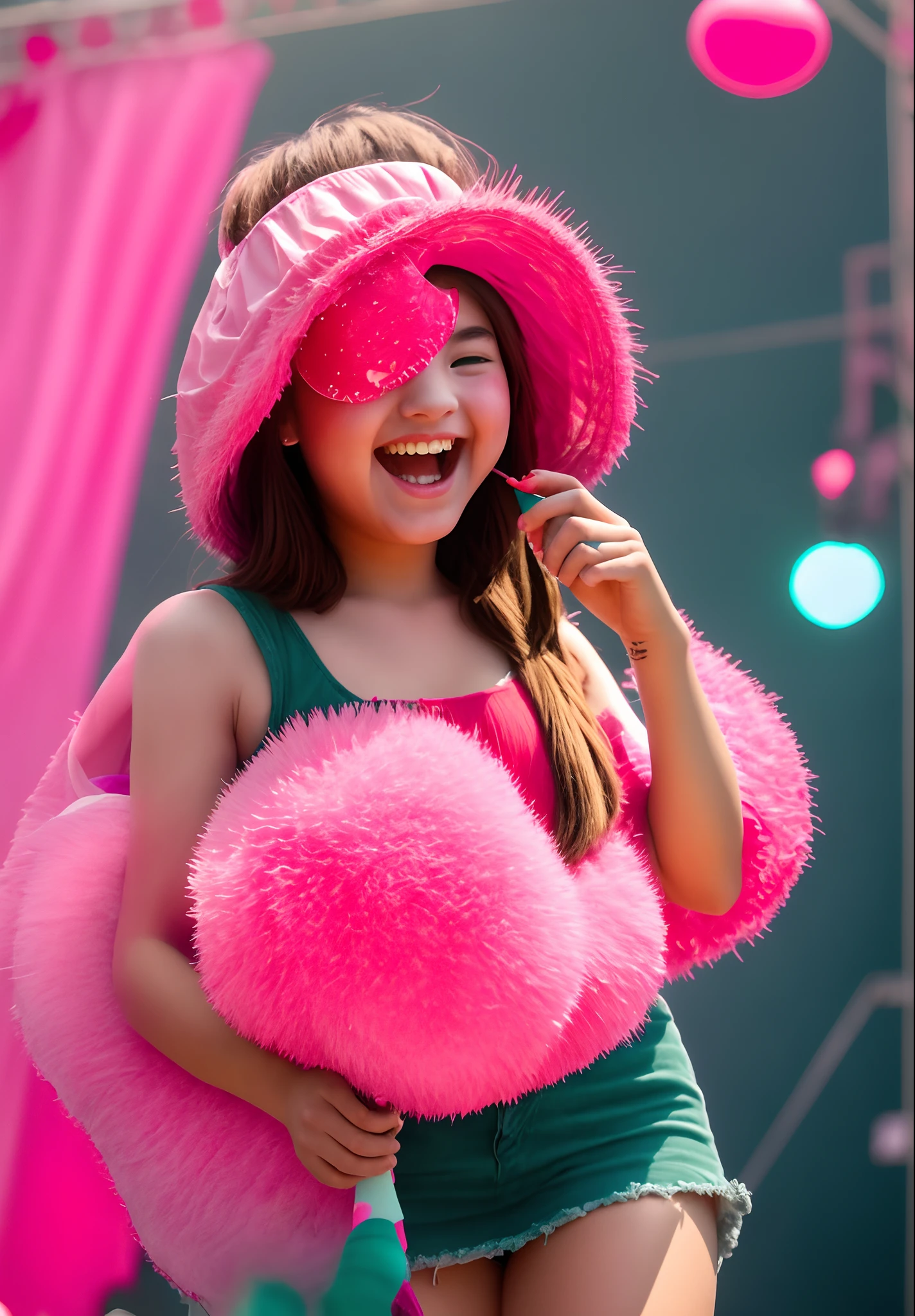 A teen girl with shoulder length pink hair with brown roots and teal eyes is laying on a stage at a summer festival, laughing happily with a candy apple in her right hand, a kitsune mask laying next to her near her face, her arms slightly sprawled out around her