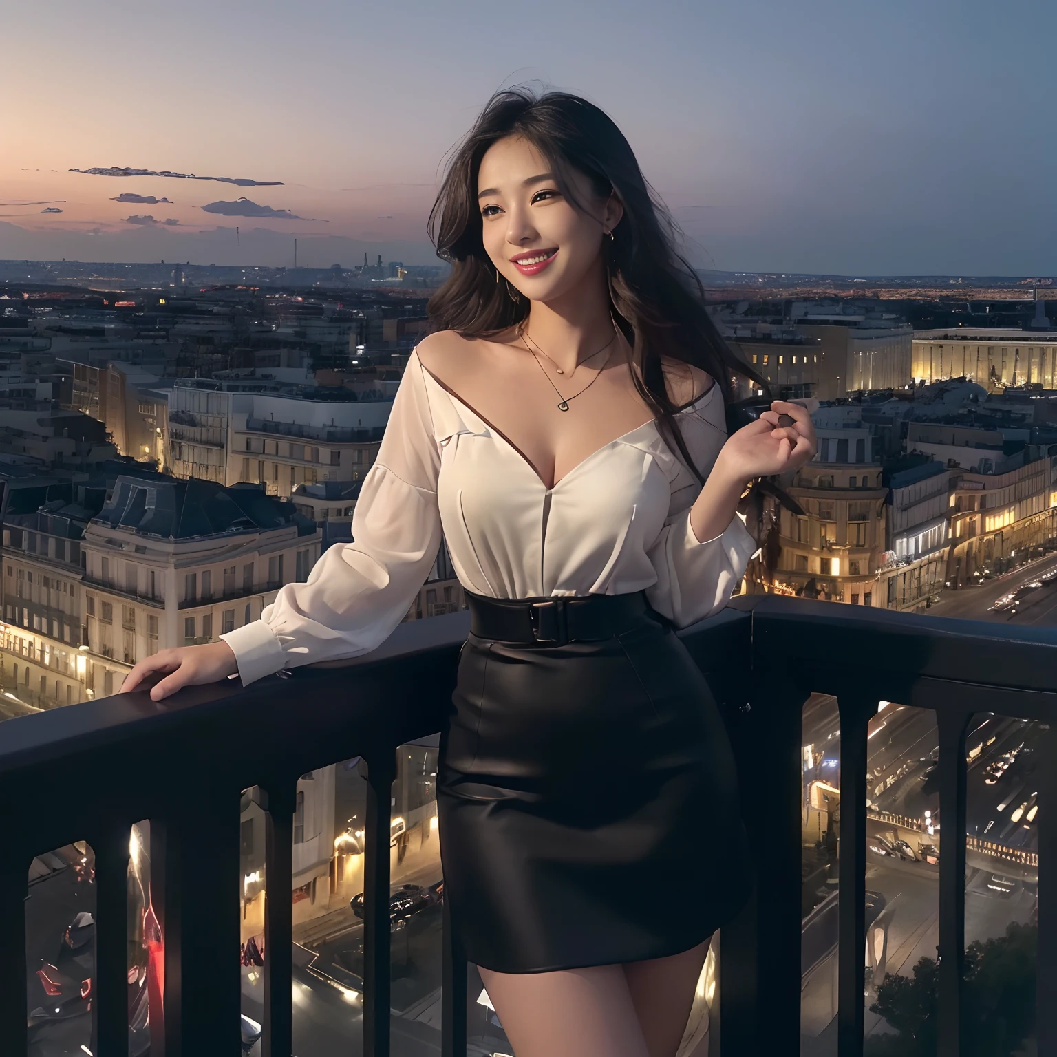 (((Best Quality, masutepiece, 超A high resolution、The most complex and detailed depictions)))、(1人の女性、Beauty Secretary、secretary's attire、Formal office style、White Formal Blouse、tight skirts、Skirt without folds、Perfect gas chamber、detailed beautiful faces、Being in Madrid)、((Midnight、a dark night、Full Night、nighttime scene、Dark、Walk on the bridges of the city、Walk on the iron bridge、Perfect iron bridge、Bridge over the taiga、Big rivers、A large group of buildings in the background、Madrid buildings in the background、With the cityscape of Madrid in the background、Lots of buildings in the background、Pitch black night、beautiful night scene、A sparkling city、Pitch Black Sky、Fantastic night view、Spectacular lighting of the film、Shot from the waist up))、Emphasize body lines、mournful smile、Ephemeral smile、Perfect makeup、long、waved hair、a necklace