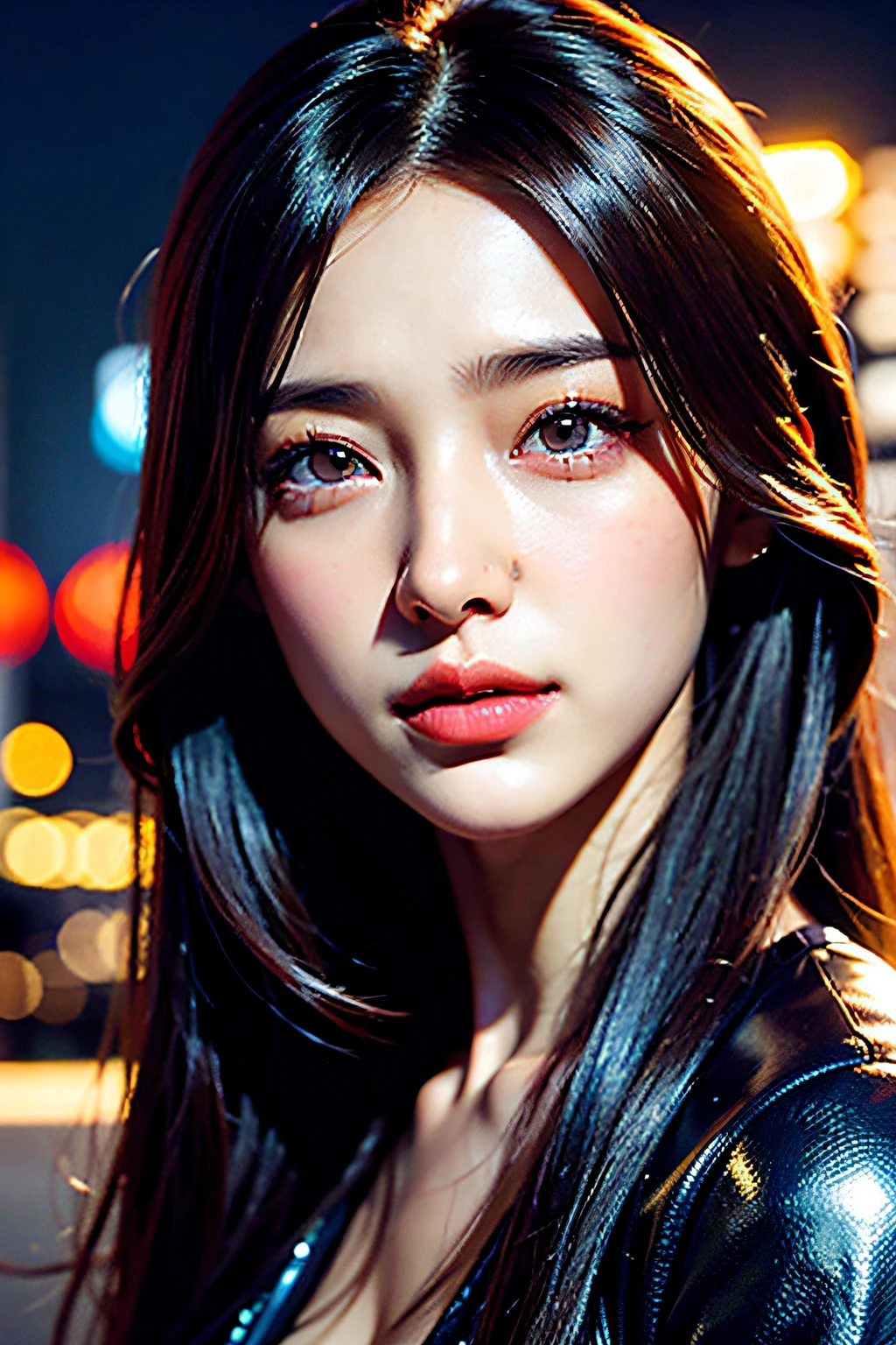 (​masterpiece), top-quality, 超A high resolution, a closeup, Slim body, 1girl in, Autumn clothes, length hair, Laugh, natta, Outer space background, Colorful lights, photon maping, Radio City, physically-based renderingt, lighting like a movie, It's complicated, high detailing, foco nítido, Dramatic, Photorealsitic, beautiful countenance、(Lifelike face)、realisticeyes、beatiful detailed eyes、real looking skin、Beautiful skins、A hyper-realistic、ighly detailed, (Close-ups of faces only)