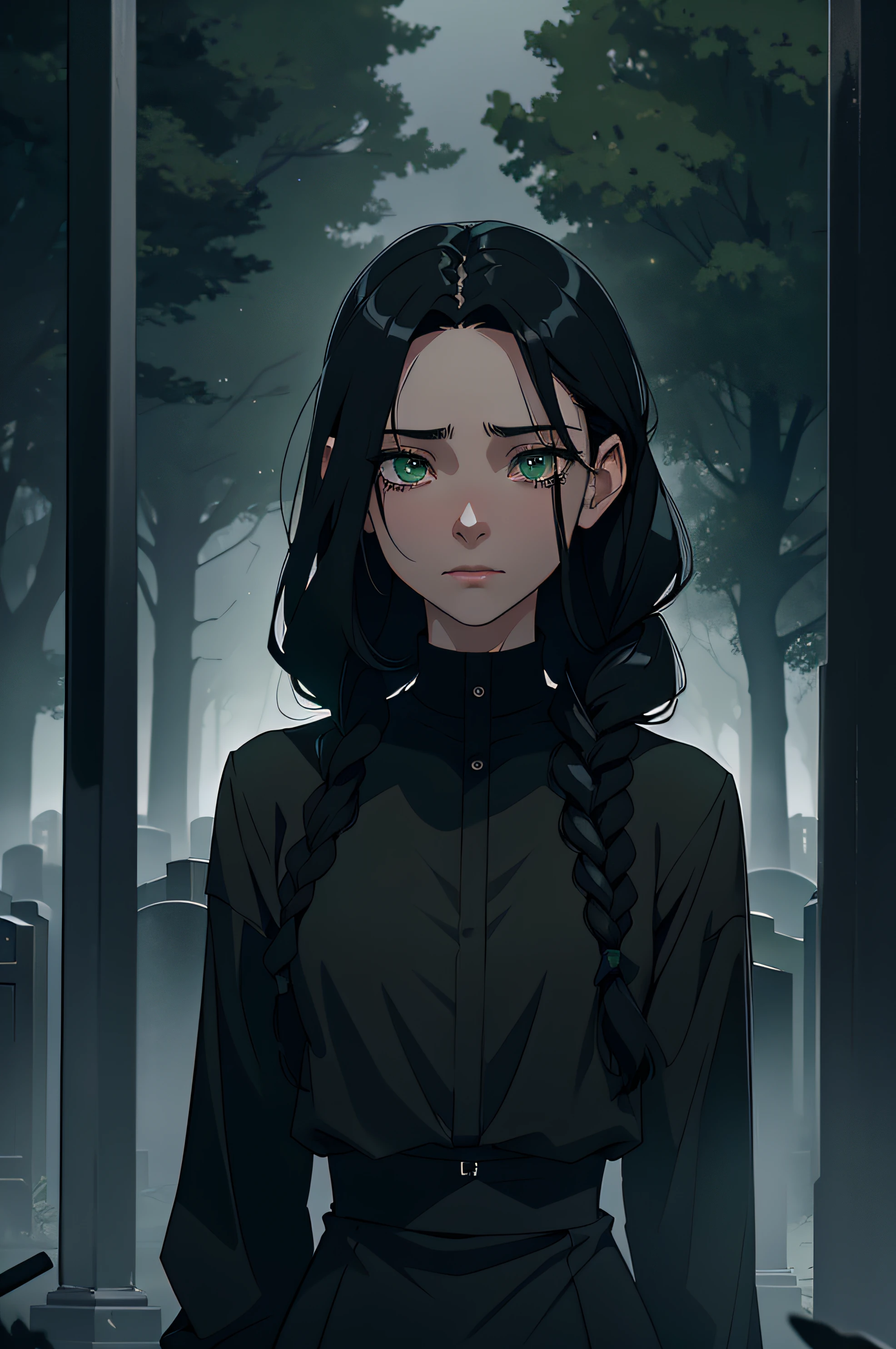 A very skinny girl with beautiful black braided hair and half-closed green eyes, dressed in a black outfit, is crying in a misty atmosphere. The scene is set in a cemetery with a dark ambiance. The image quality is ultrasharp and high resolution, with options for 8K or 4K resolution.