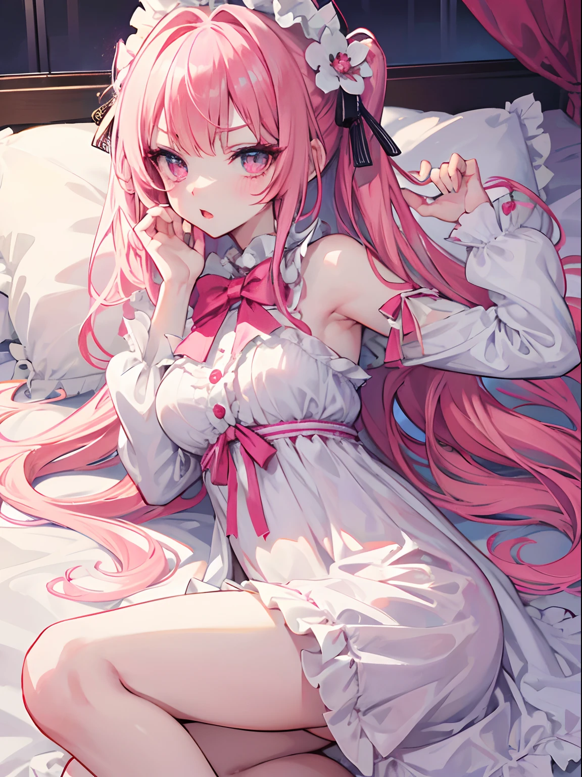 Cute anime girl, catgirl, pink haired, long hair, long fluffy hair with 2 tails at the bottom++, ribbon hairpins on both sides, strawberry hair ties, light plump skin, worried face, pink cute eyes++, round glasses, white oversized shirt, exposed belly, yellow bracelets on both wrists, thin short skirt, exposed thighs, medium sized breasts, yellow bandages on both thighs++, white oversized socks, bedroom background, laying down on a bed, NSFW, 