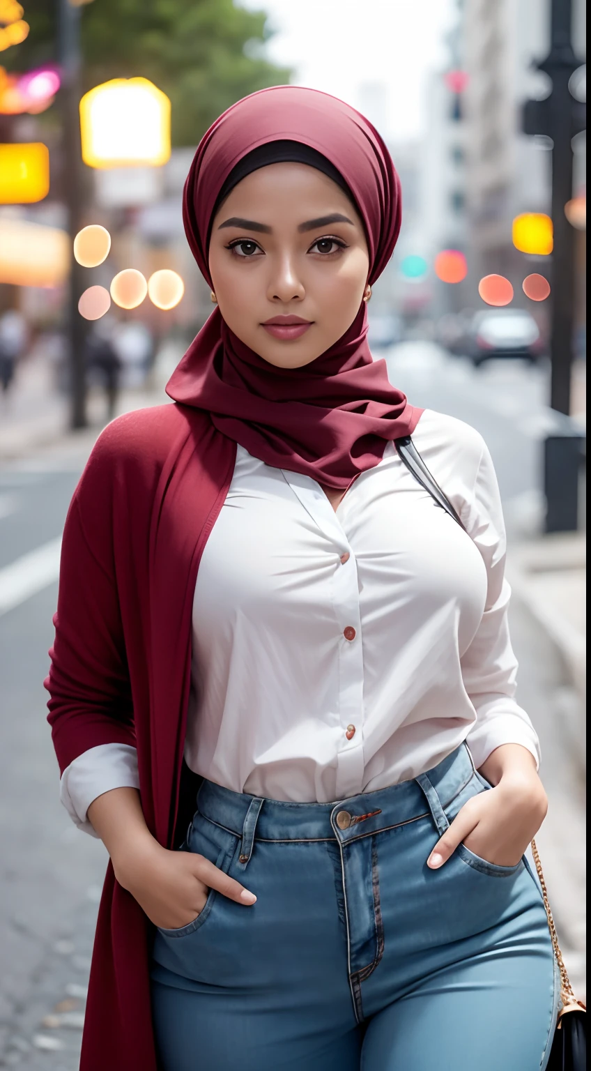 RAW, Best quality, high resolution, masterpiece: 1.3), Beautiful Malay woman in hijab (iu:0.8),wearing a white shirt, wearing a red cardigan, red pants, wearing a handbag, wearing a watch, wearing earrings, being in mall, walking on a rural street in the morning, big breasts, slim waist, wide hips, thick thighs, photo taken with Panavision DXL2, 28mm lens, close up shot, bright pastel shades, bokeh, cinemascope , drama, high quality, very detailed, 8k resolution