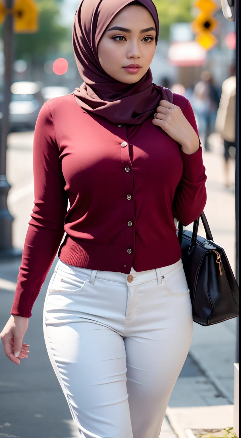 RAW, Best quality, high resolution, masterpiece: 1.3), Beautiful Malay woman in hijab (iu:0.8),wearing a white shirt, wearing a red cardigan, red pants, wearing a handbag, wearing a watch, wearing earrings, being in mall, walking on a rural street in the morning, big breasts, slim waist, wide hips, thick thighs, photo taken with Panavision DXL2, 28mm lens, close up shot, bright pastel shades, bokeh, cinemascope , drama, high quality, very detailed, 8k resolution