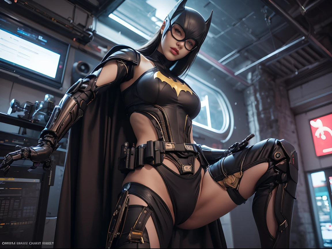 "Hyperrealistic rendering of Batgirl, showcasing her biomechanical suit with intricate robotic details. The composition should emphasize her full figure, with clean and precise lines, showing panty(cameltoe). The overall visual style should incorporate a cyberpunk aesthetic, reminiscent of a masterpiece featured on Zbrush Central."